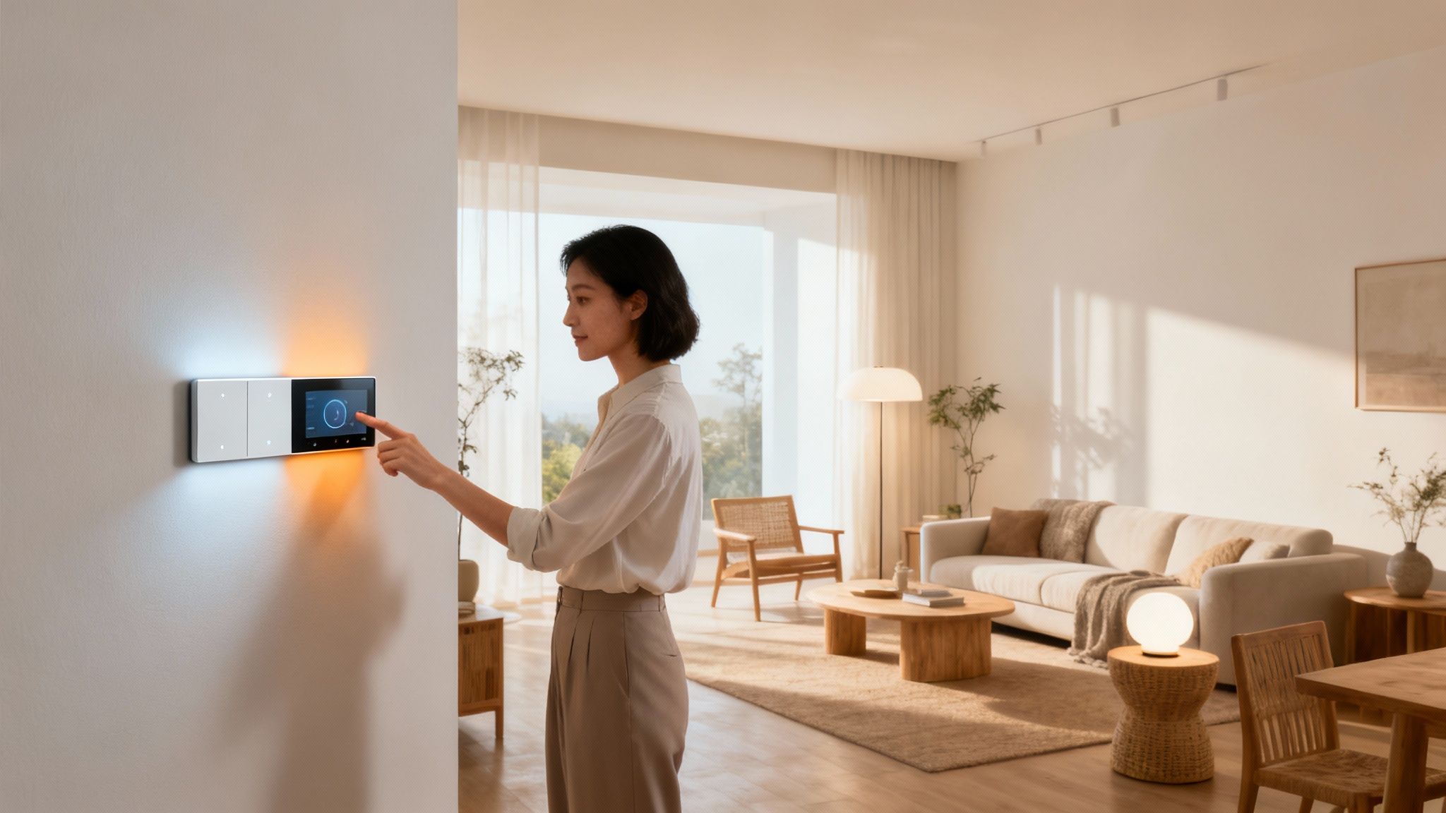 A beautifully styled room vignette within a lighting showroom, showcasing how different fixtures create ambiance.