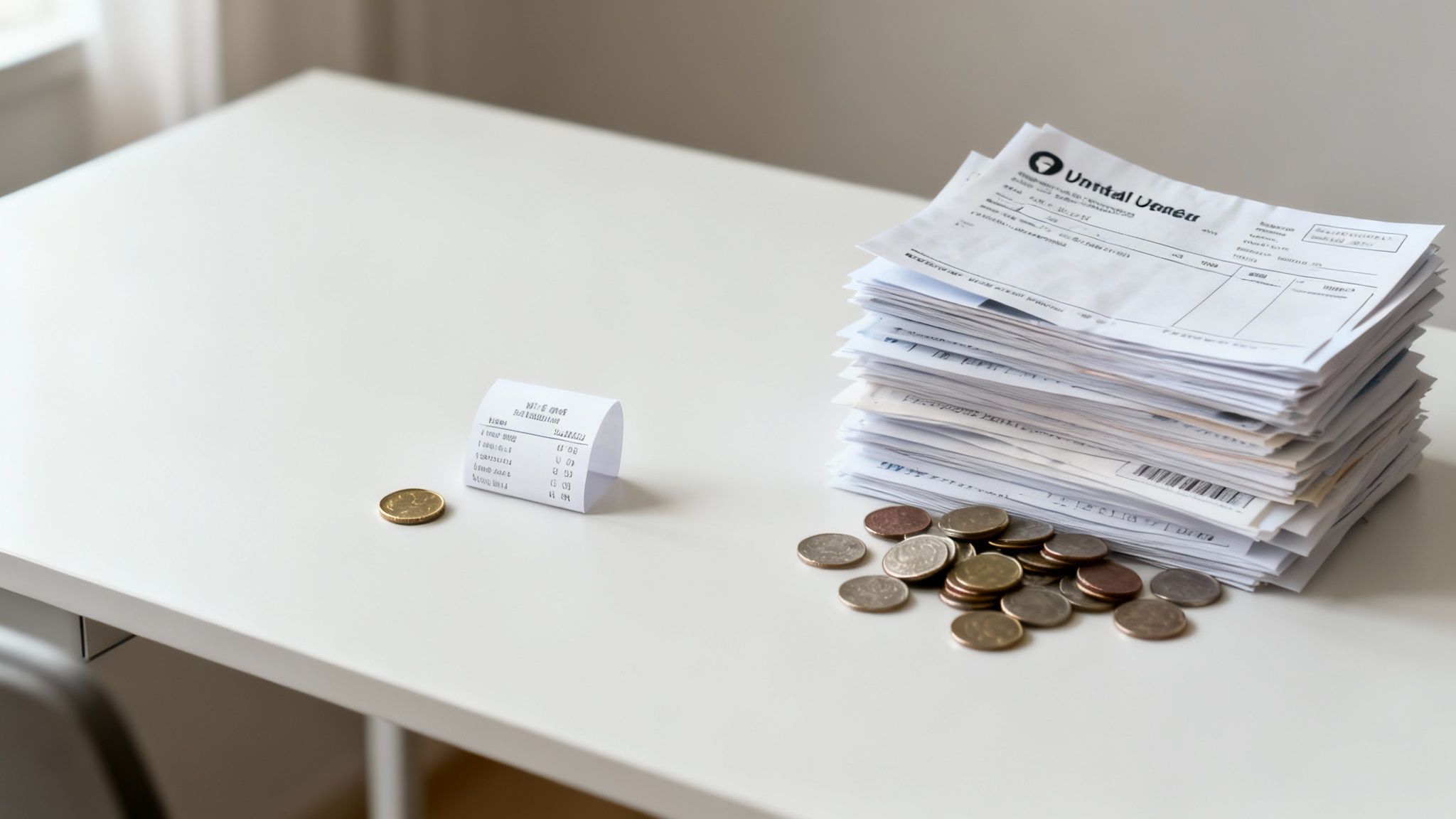 Bills, a receipt, and coins are neatly arranged on a white table, symbolizing financial obligations.