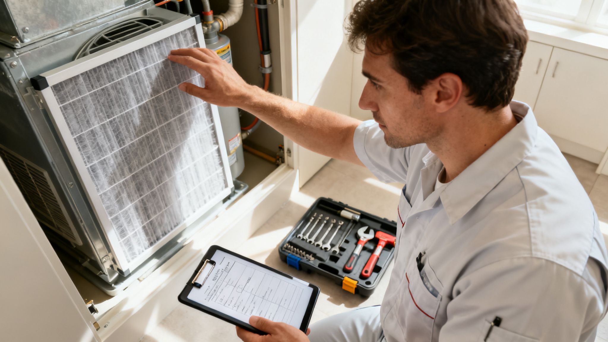 A technician inspects a dirty air filter in an HVAC system, holding a clipboard.