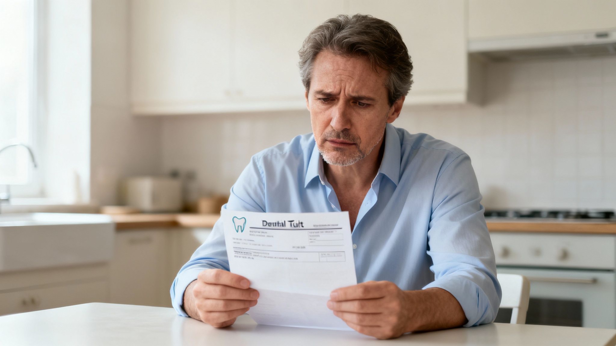 Worried man in a kitchen holding a dental bill, appearing stressed about the cost.