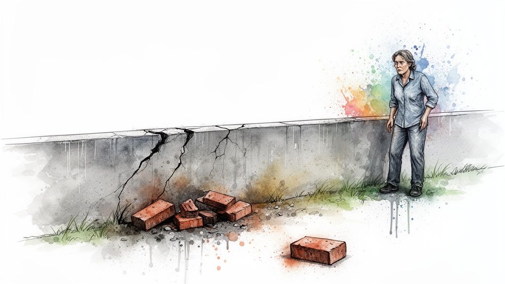A concerned woman observes a severely cracked concrete wall with broken bricks scattered below, watercolor style.