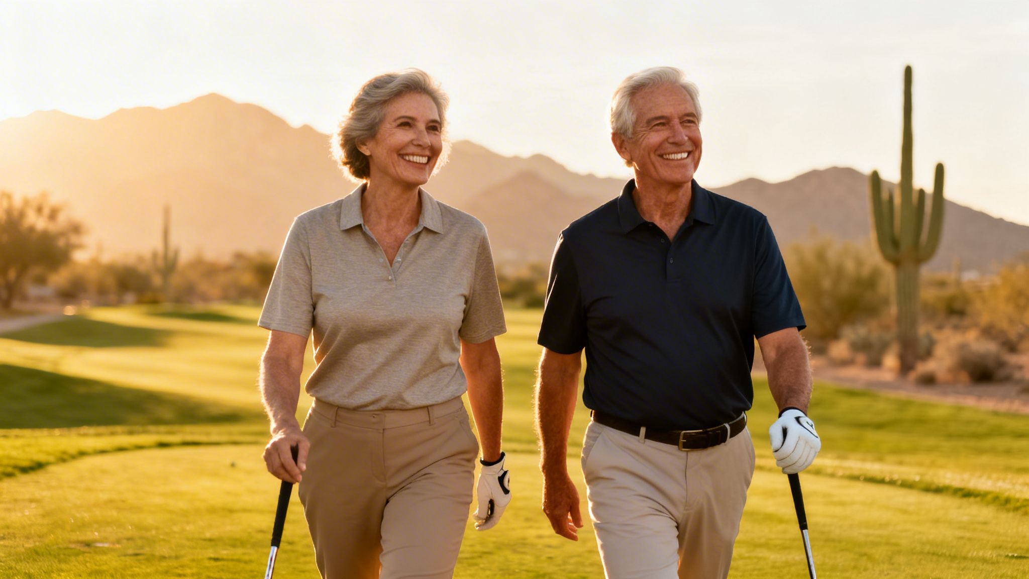 Smiling senior couple walking on a golf course with clubs at sunset, desert landscape in the background.