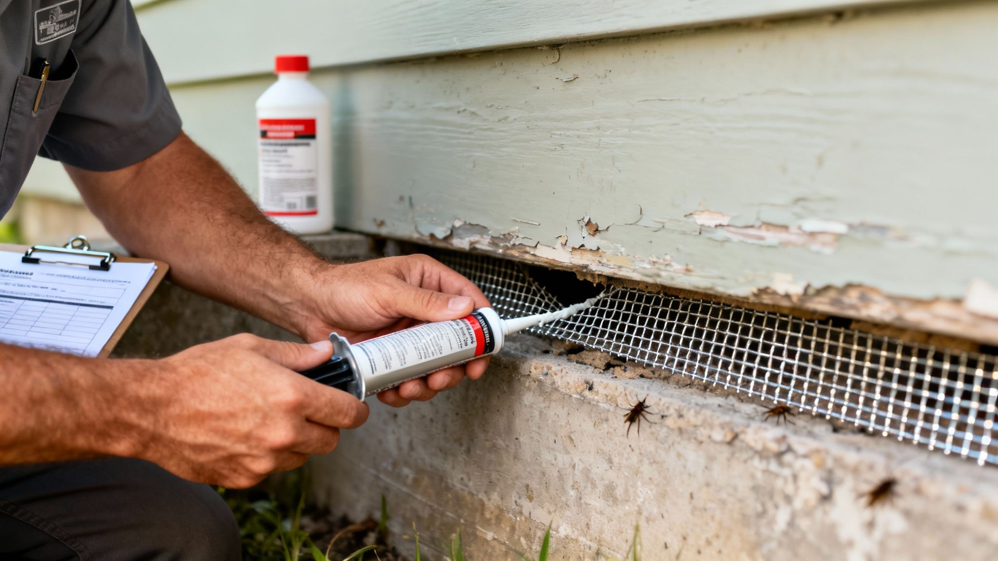 A person applies caulk sealant to the foundation of a house to prevent pests, with a bottle of pesticide nearby.