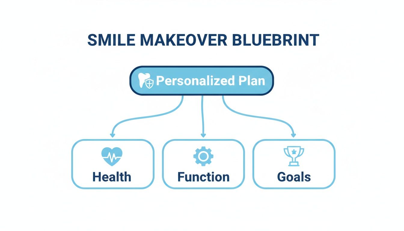 Diagram showing a personalized smile makeover blueprint considering health, function, and goals.