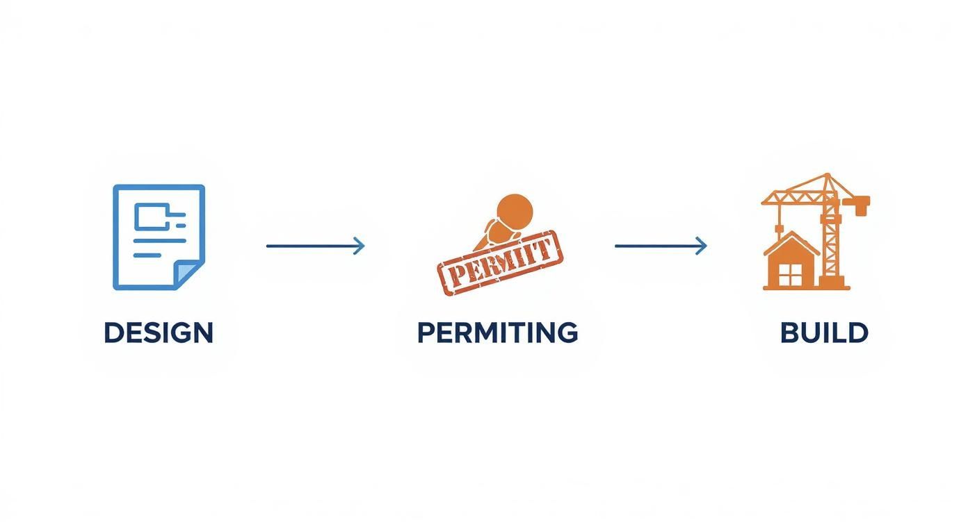 Construction workflow diagram showing three stages: design blueprints, permitting approval stamp, and building with crane