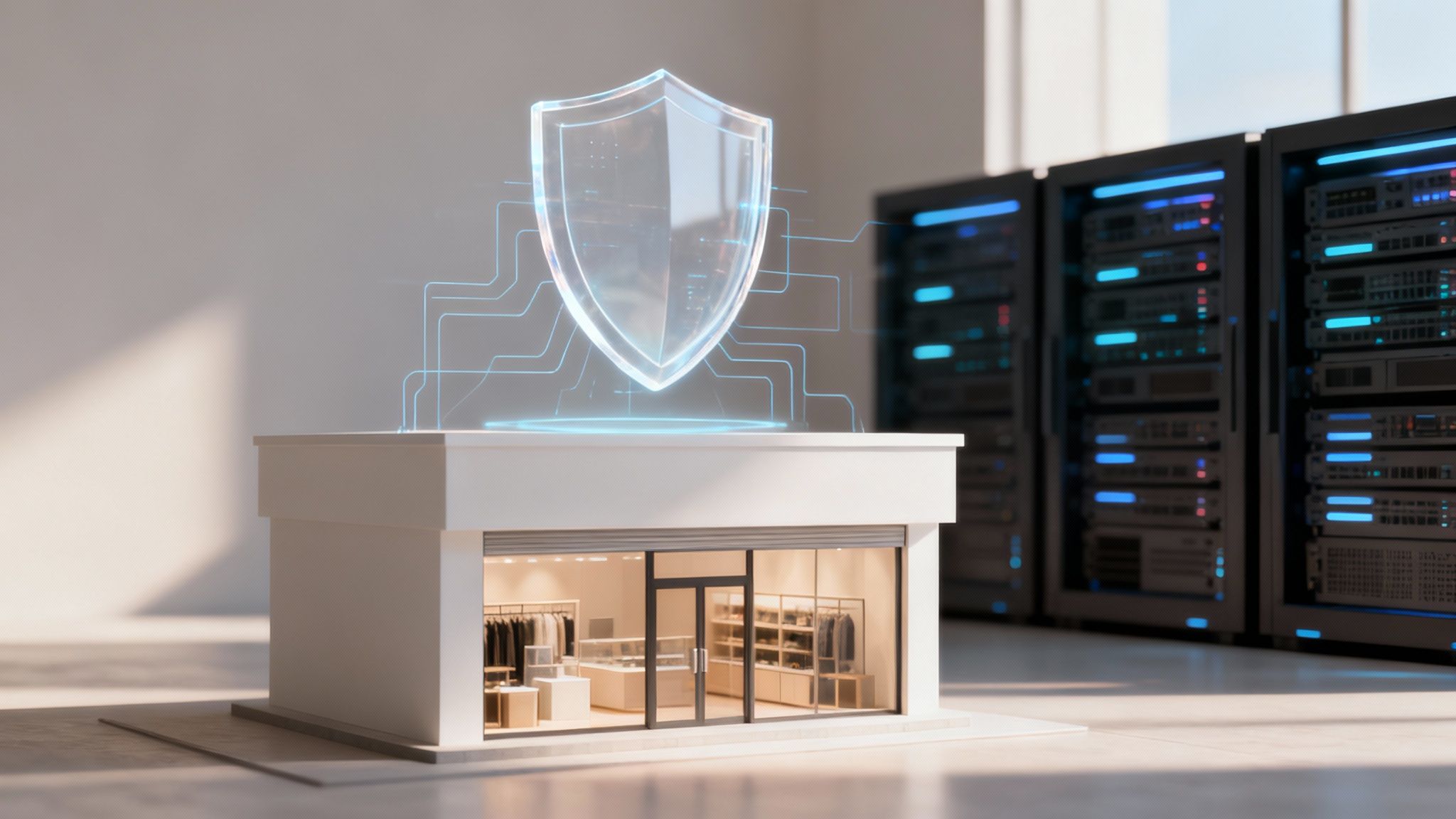 A protective digital shield icon glowing over a small, local storefront, symbolizing enterprise-level security for a small business.