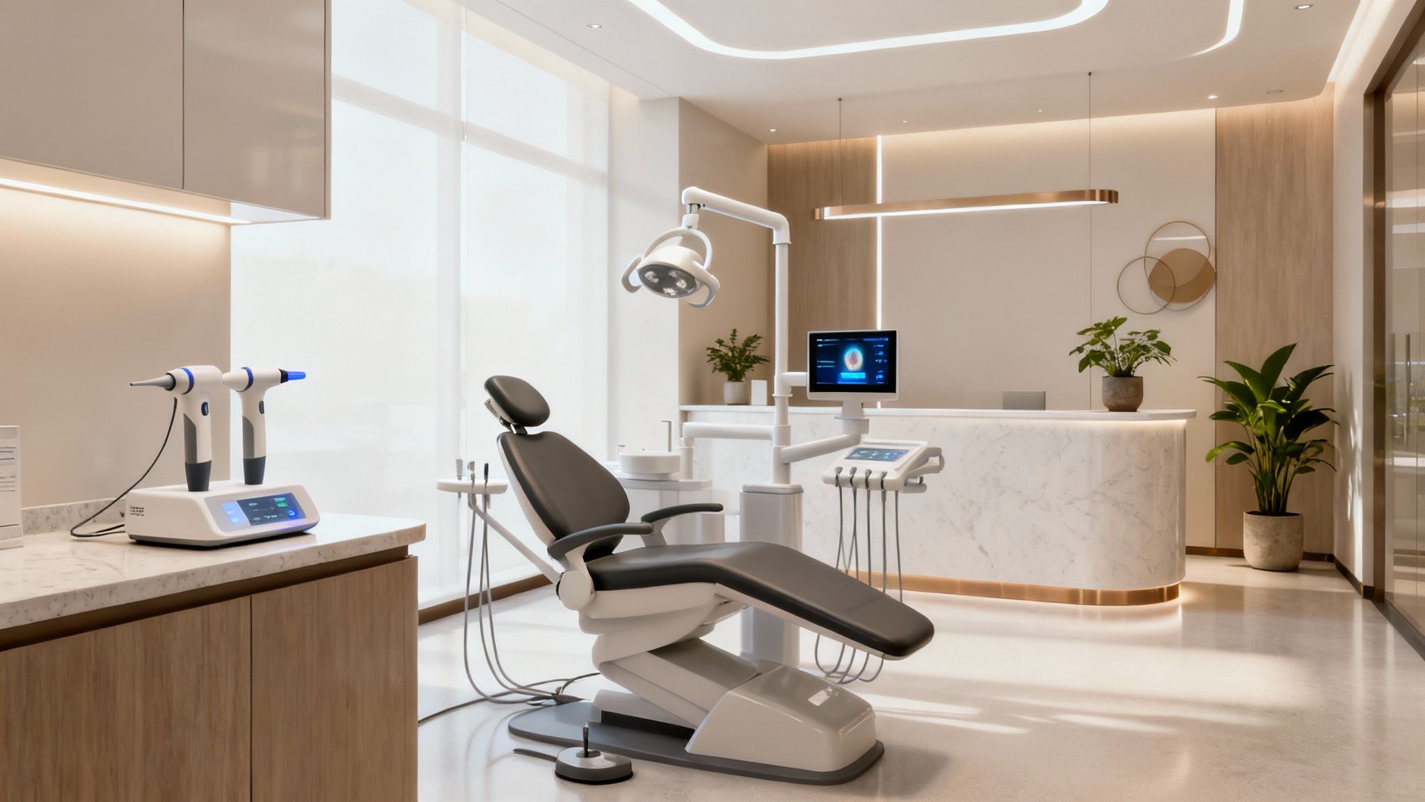 A modern, clean dental operatory with advanced technology and a comfortable patient chair.