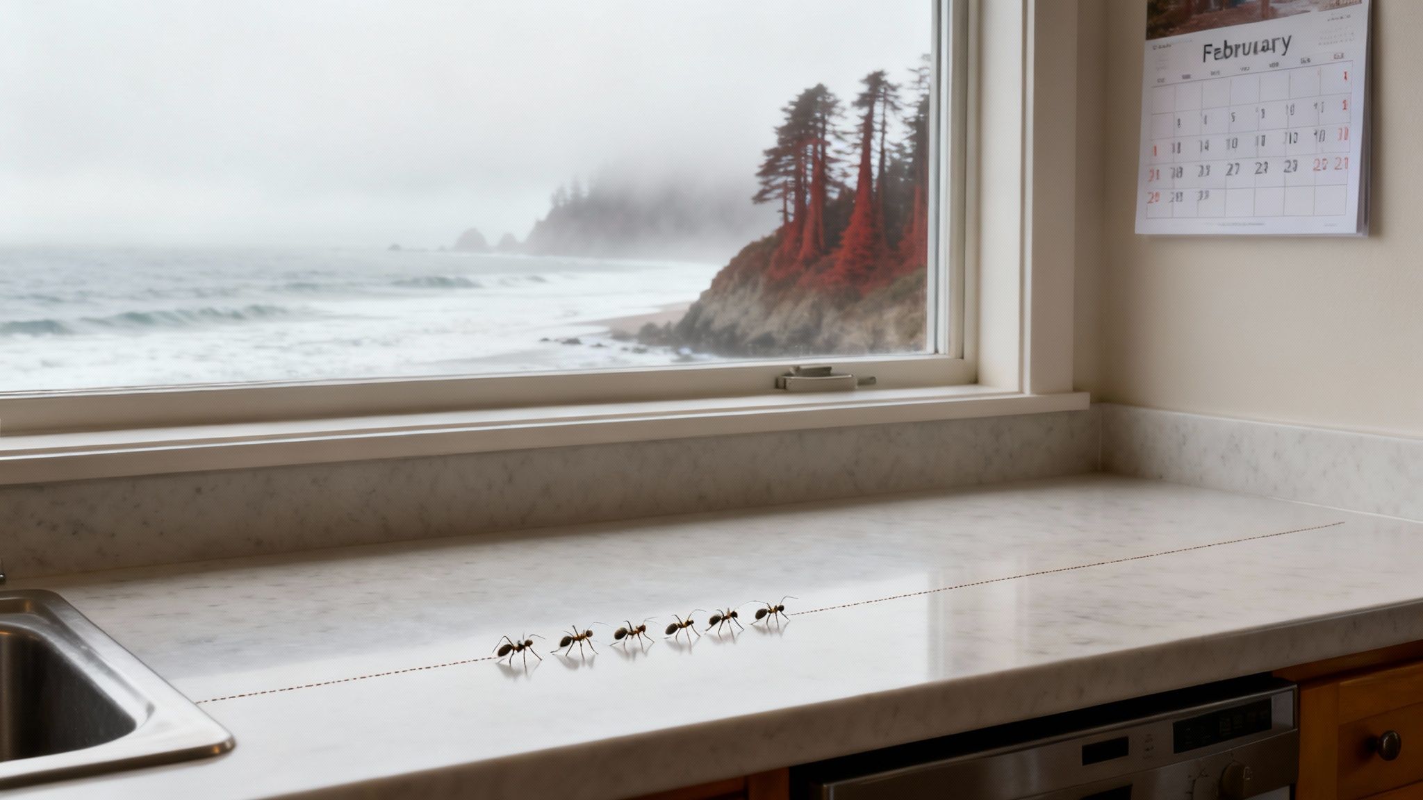A line of ants marching across a kitchen counter with a misty ocean view.