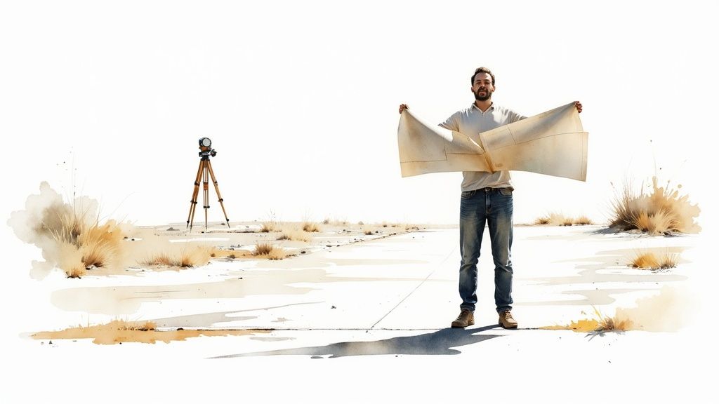 A male surveyor reviews a site plan in a vast, arid landscape with a tripod.