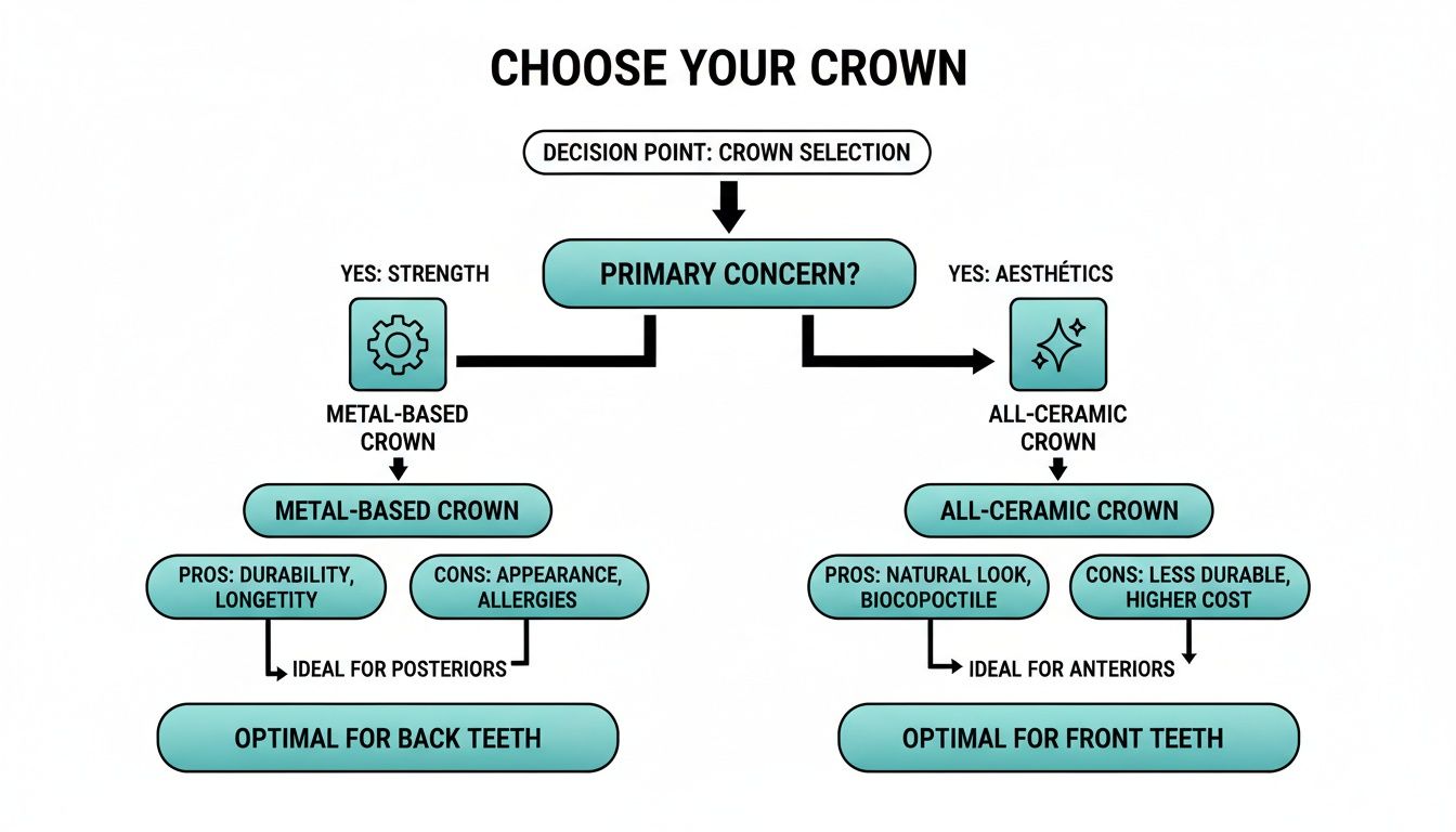 Flowchart guiding crown selection based on strength or aesthetics, detailing metal-based and all-ceramic options.
