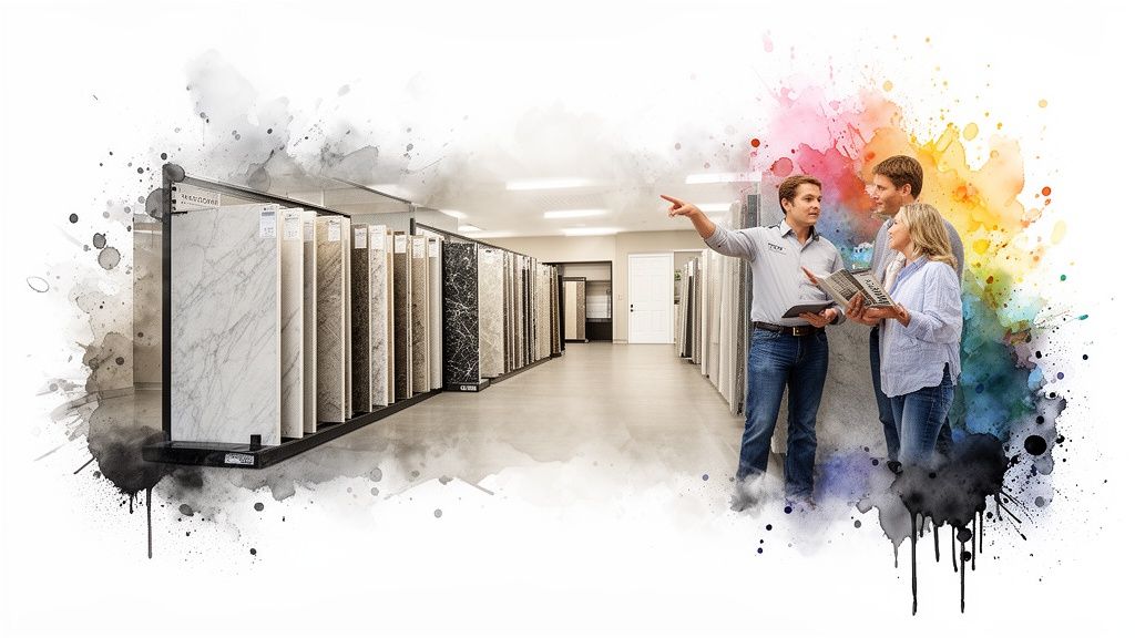 Salesperson guides a couple through a stone and tile showroom with many samples.