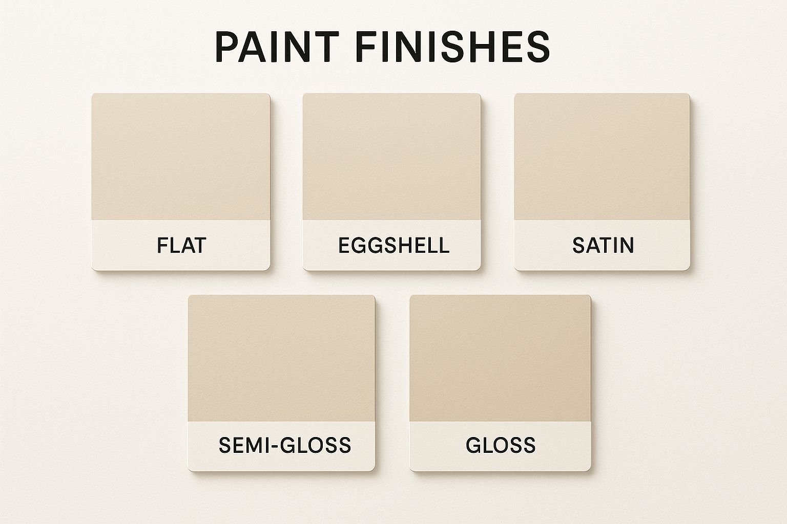 Infographic showing five paint sample panels displaying flat, eggshell, satin, semi-gloss, and gloss finishes arranged in a clean grid.