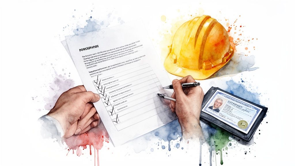 Watercolor illustration of hands filling a construction checklist next to a hard hat and an ID card, symbolizing construction safety and compliance.