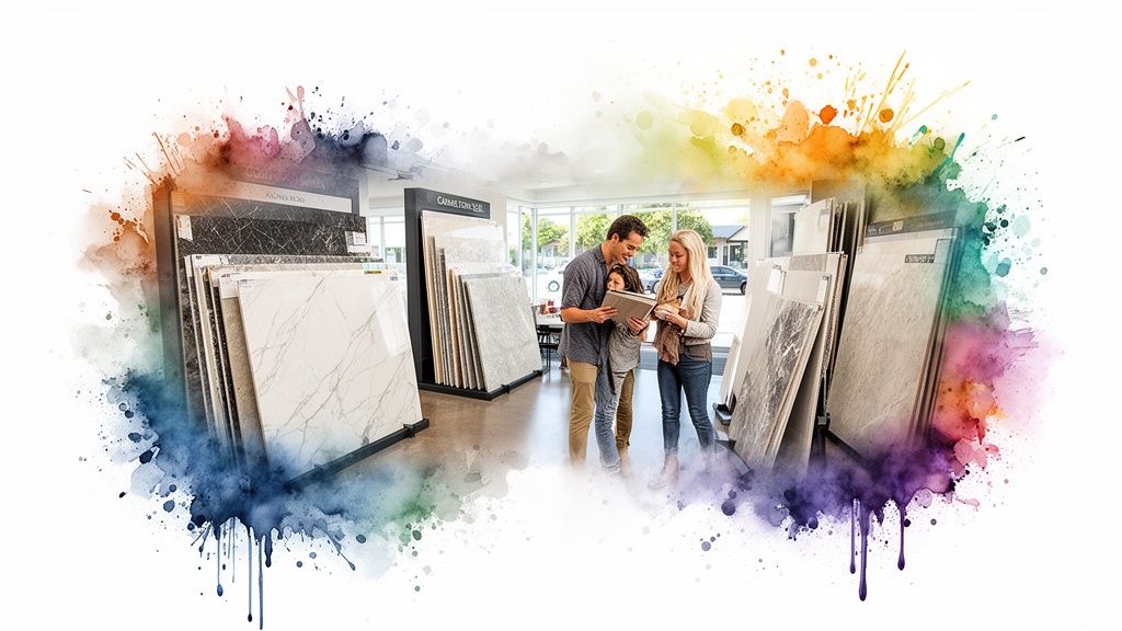 A family, a man, woman, and child, choosing stone tiles in a modern showroom.