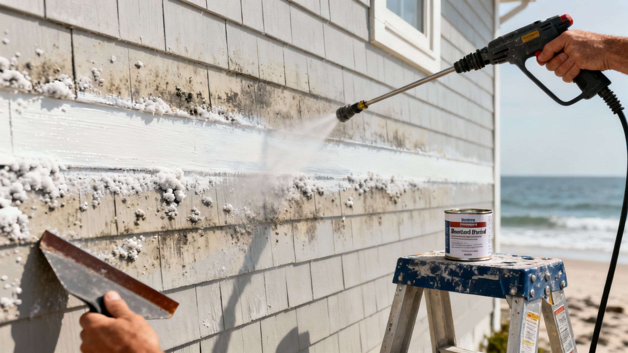 A person power washing shingle siding with a foamy white substance, while another scrapes, near the ocean.
