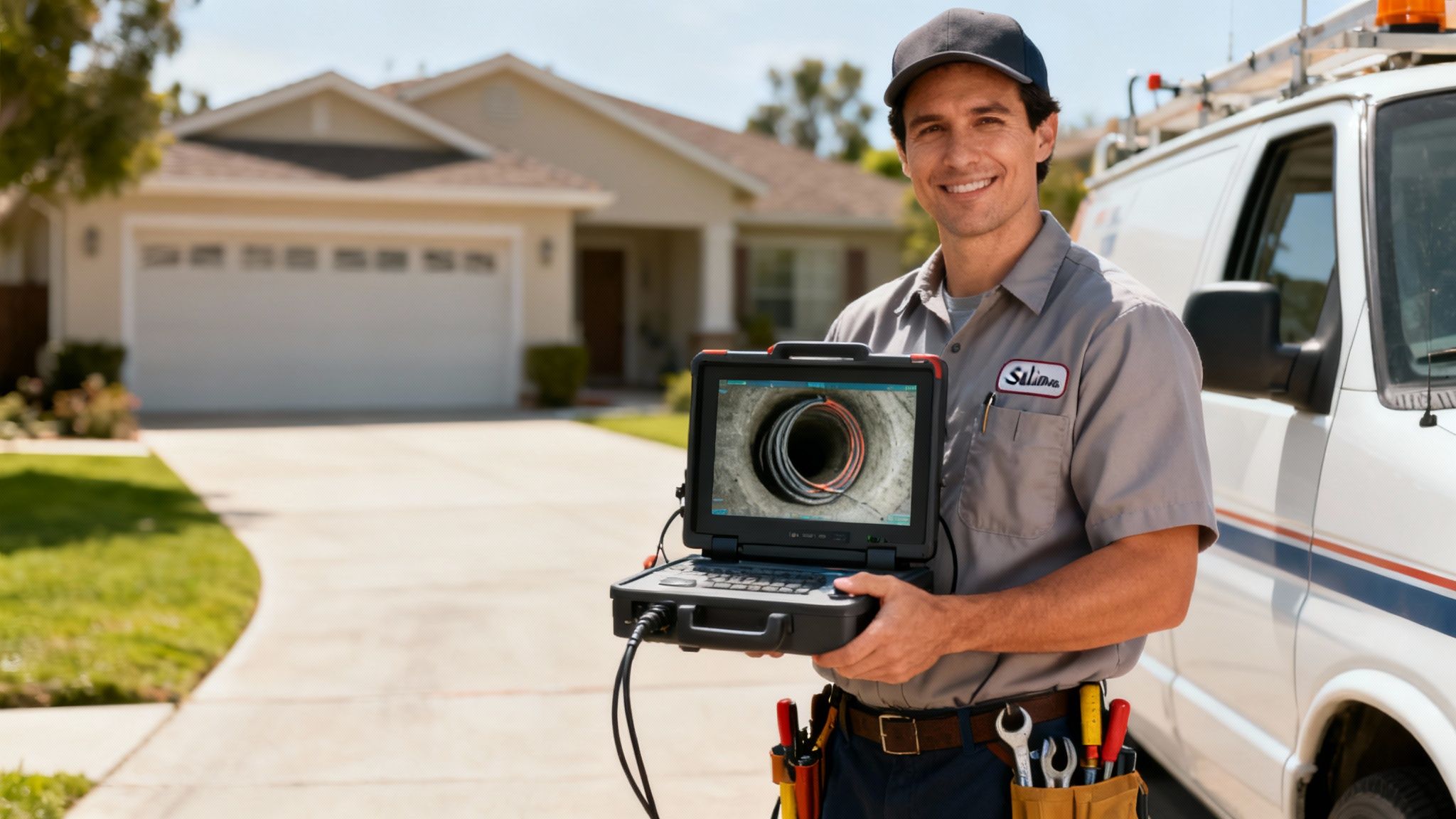 A friendly, professional plumber from Alvarez Plumbing working on a residential plumbing system in Salinas.