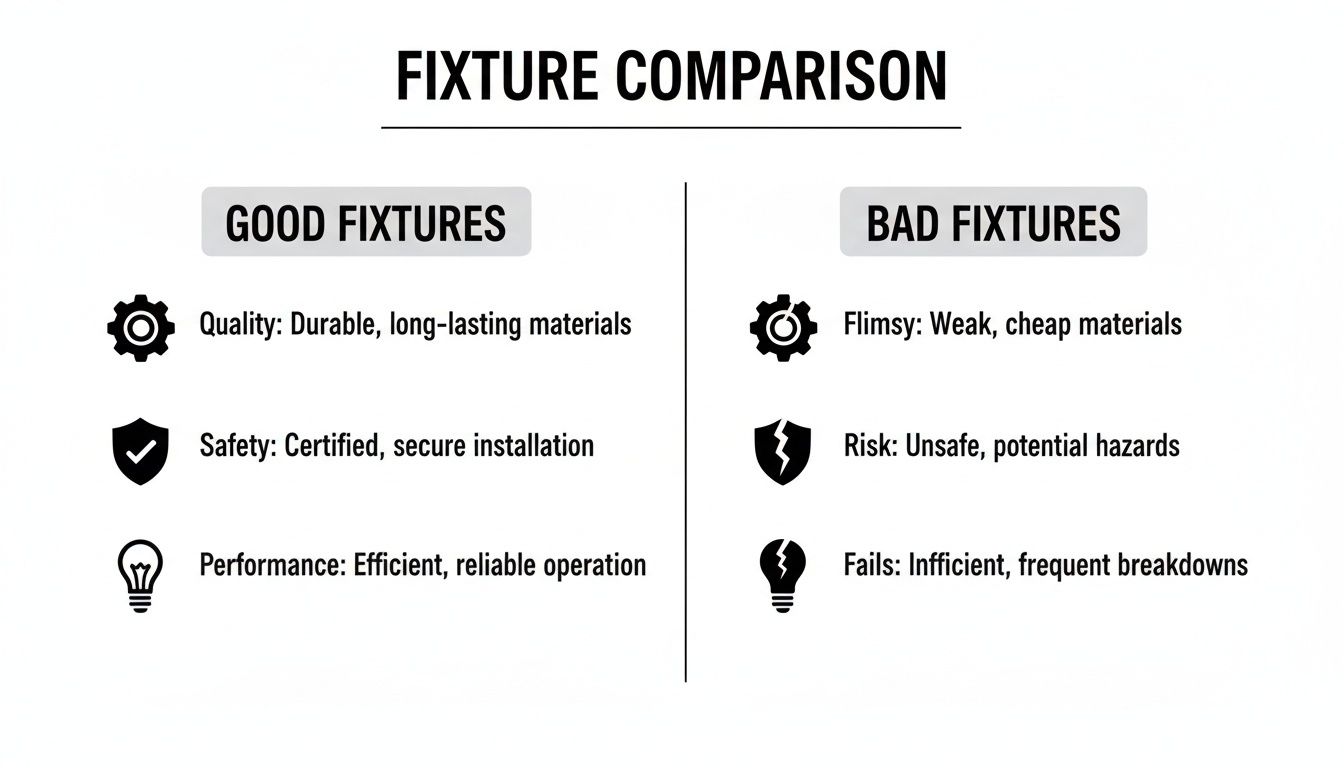 Infographic comparing good fixtures (durable, safe, efficient) with bad fixtures (flimsy, unsafe, failing).