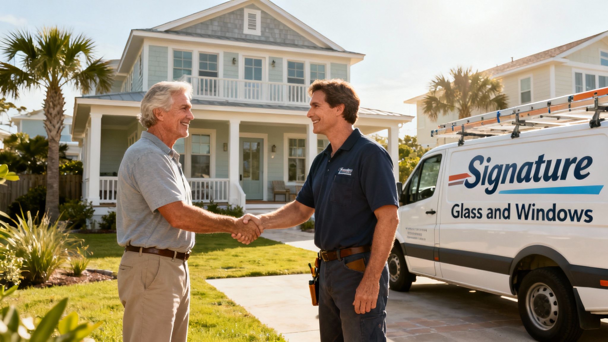 A friendly Signature Glass and Windows team member shaking hands with a happy homeowner in Monterey.