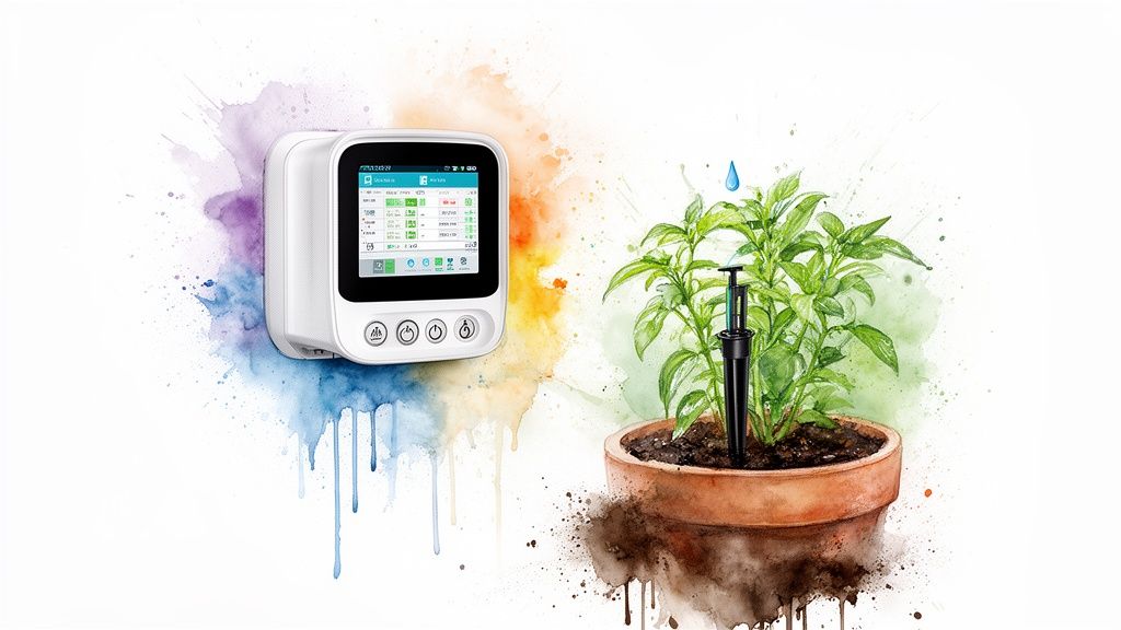 A smart irrigation controller and a potted plant with an automated sprinkler, representing efficient watering.
