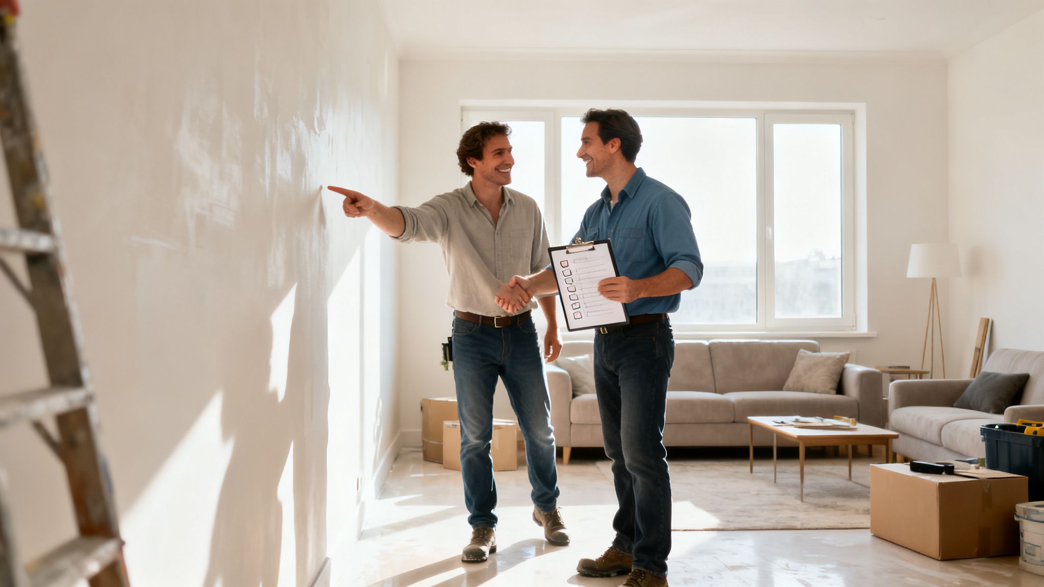 Two smiling men shake hands, discussing wall painting with a checklist in a home under renovation.