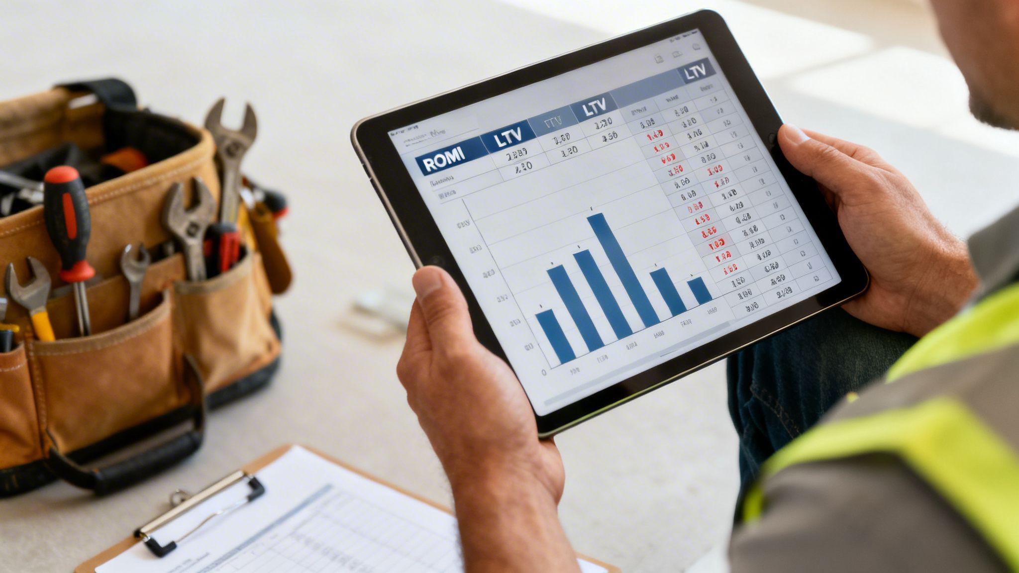 A construction worker in a safety vest reviews marketing investment data on a tablet next to a toolbox.