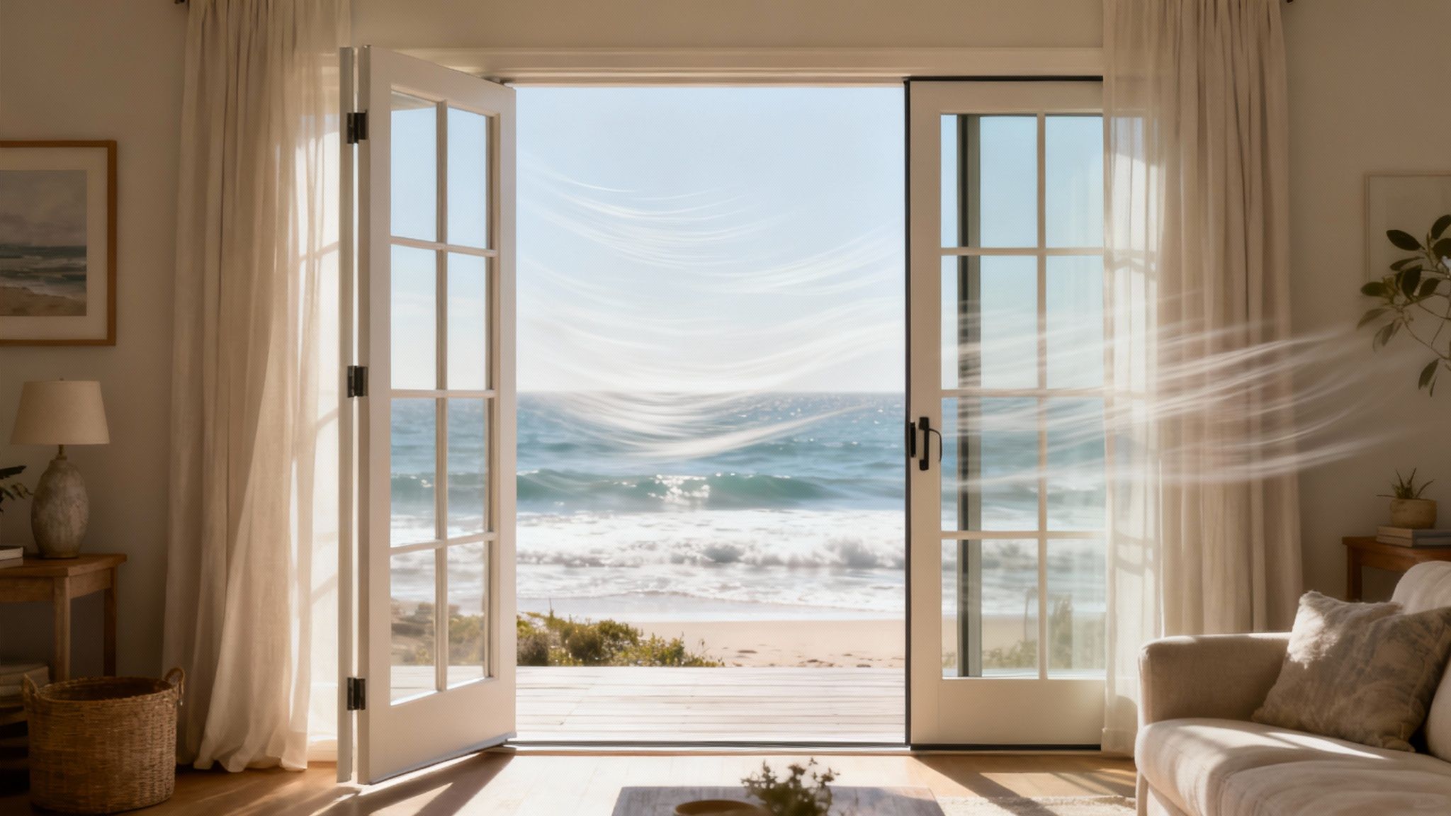 A set of energy-efficient French doors with double-paned glass.
