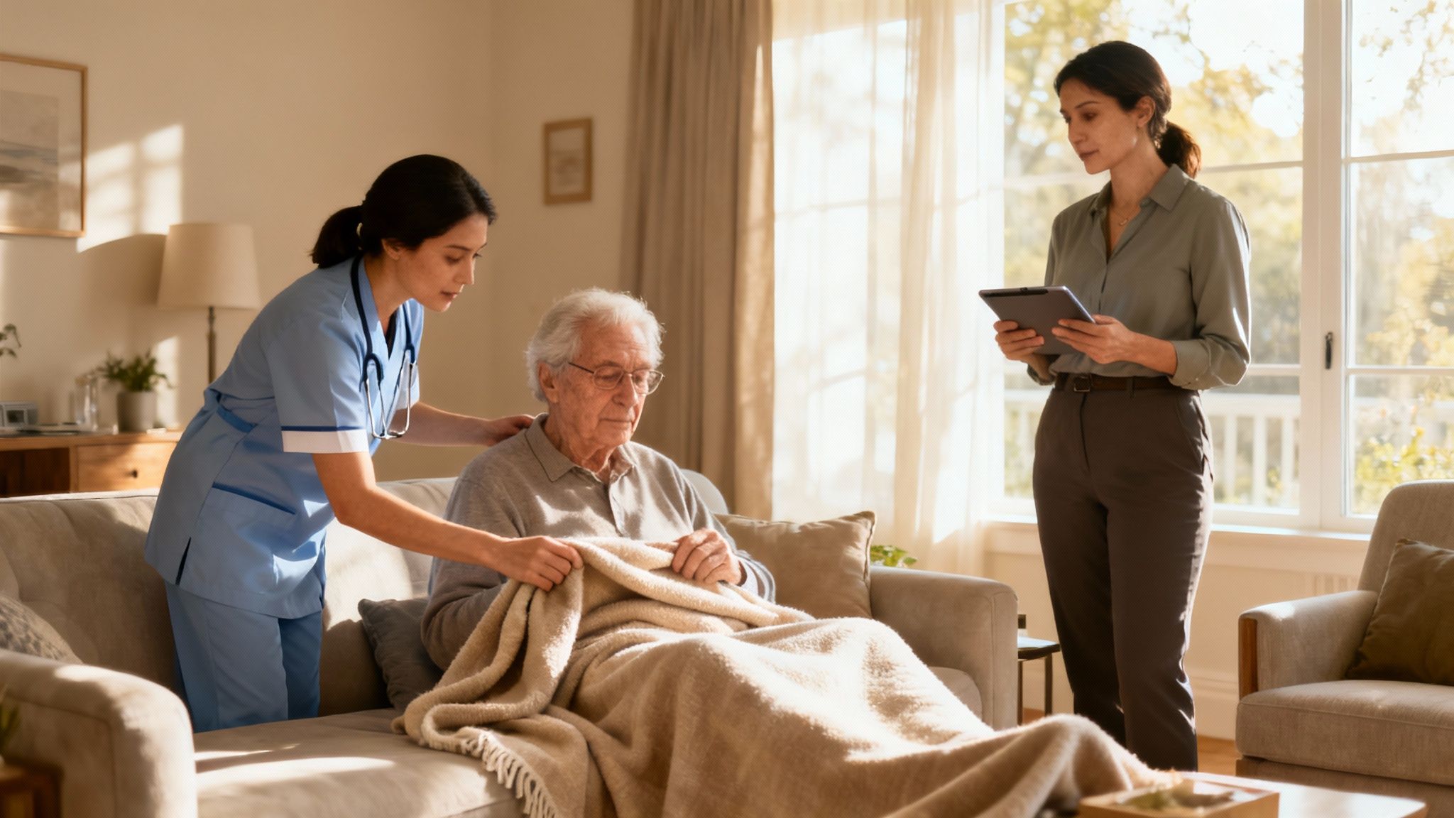 A compassionate healthcare professional listens intently to an elderly patient at home.