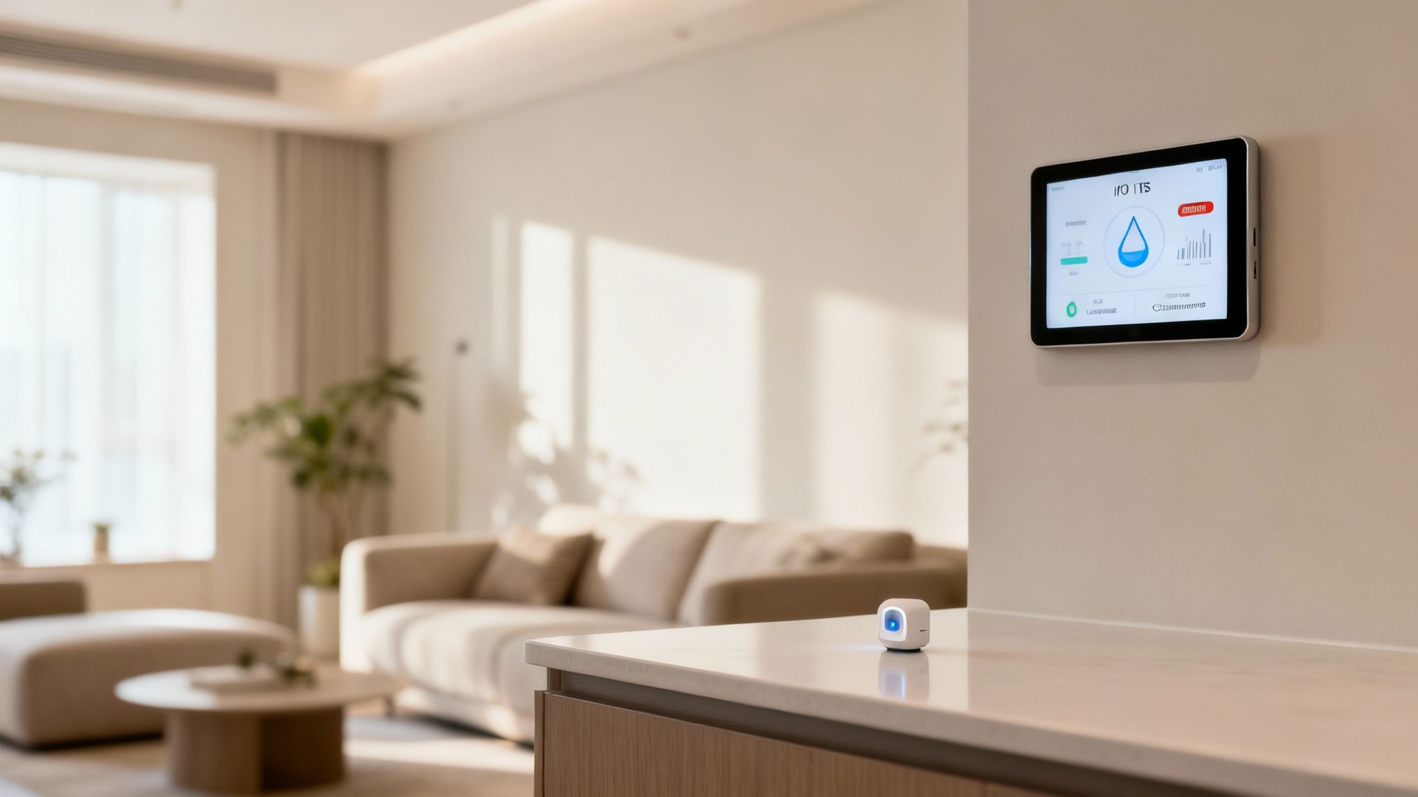 A smart home control panel mounted on a wall and a small sensor on a counter in a modern living room.