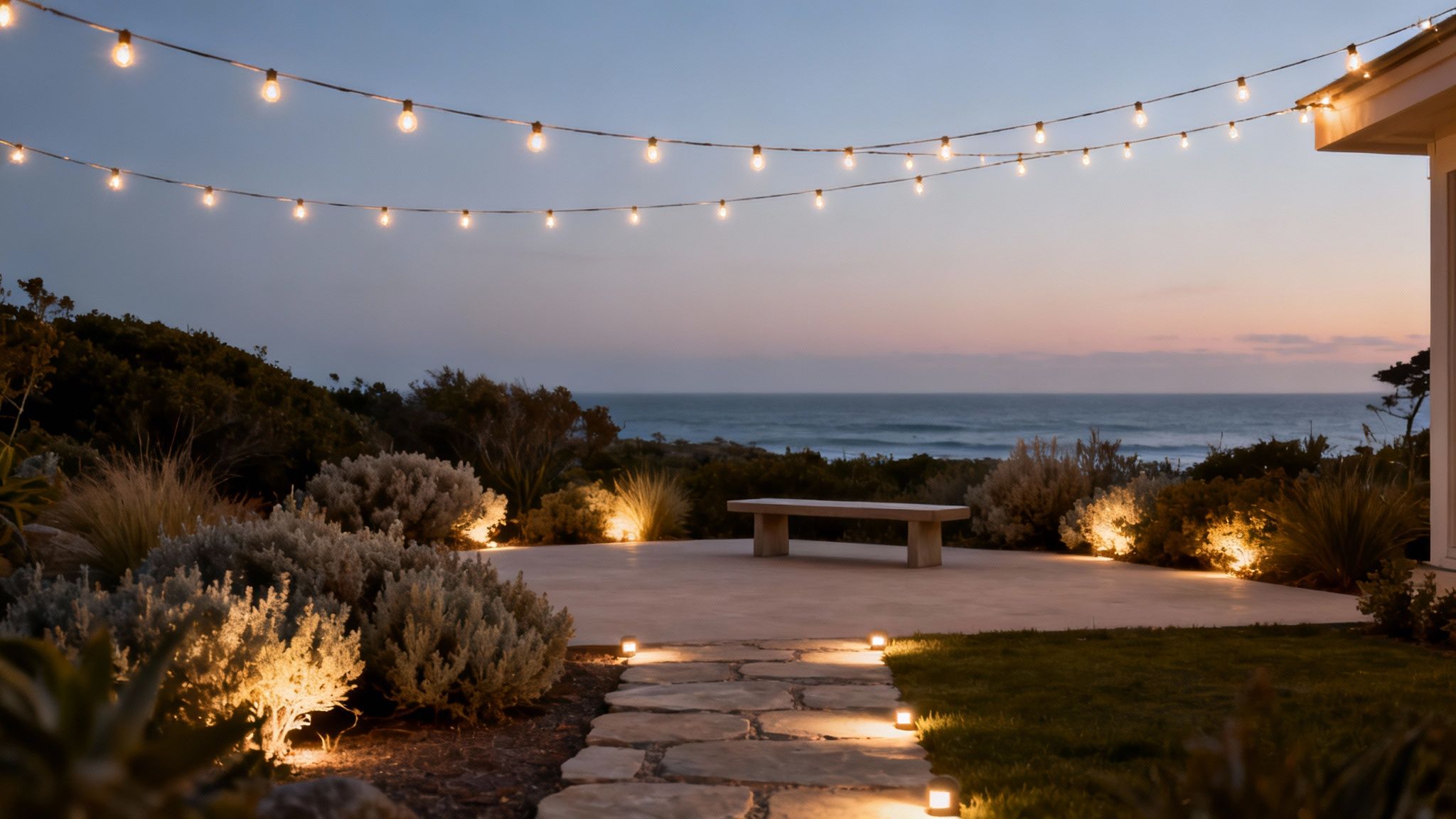 An illuminated outdoor patio with string lights, a stone bench, and accent lighting on plants, overlooking the ocean at sunset.