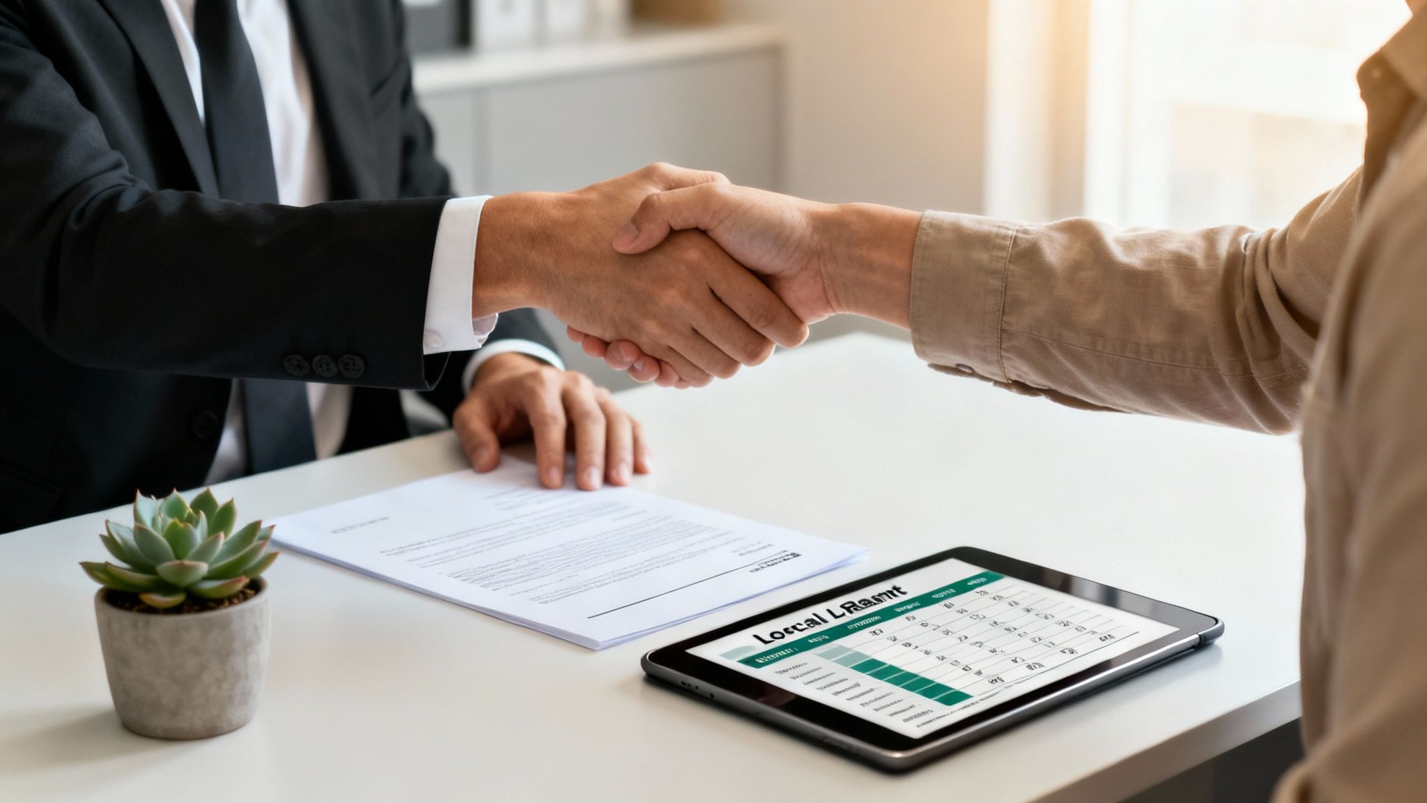 Two business professionals shake hands over a desk with documents and a tablet, symbolizing agreement.
