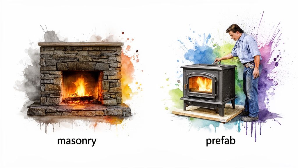Image contrasting a traditional masonry fireplace with a modern prefab wood-burning stove and a man.
