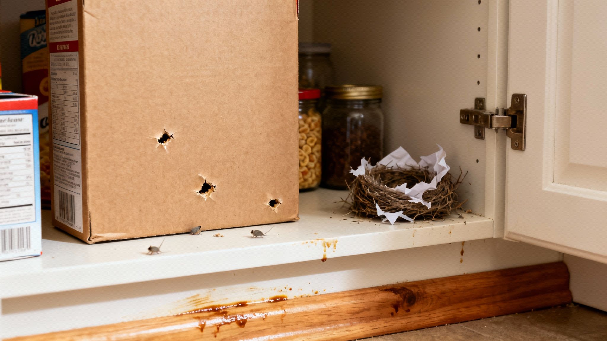 Three small mice, a nest, and chew marks on a cardboard box inside a messy kitchen cabinet, indicating a rodent infestation.