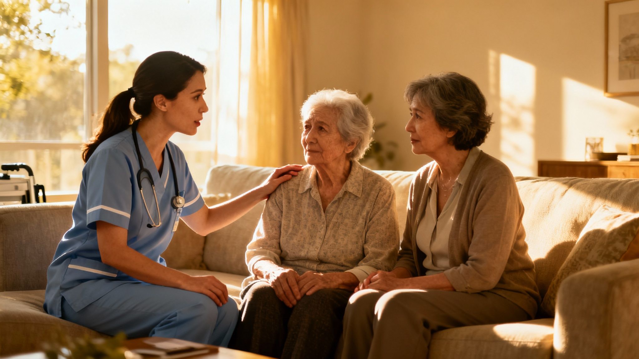 A compassionate healthcare professional talks with an older patient in their home.