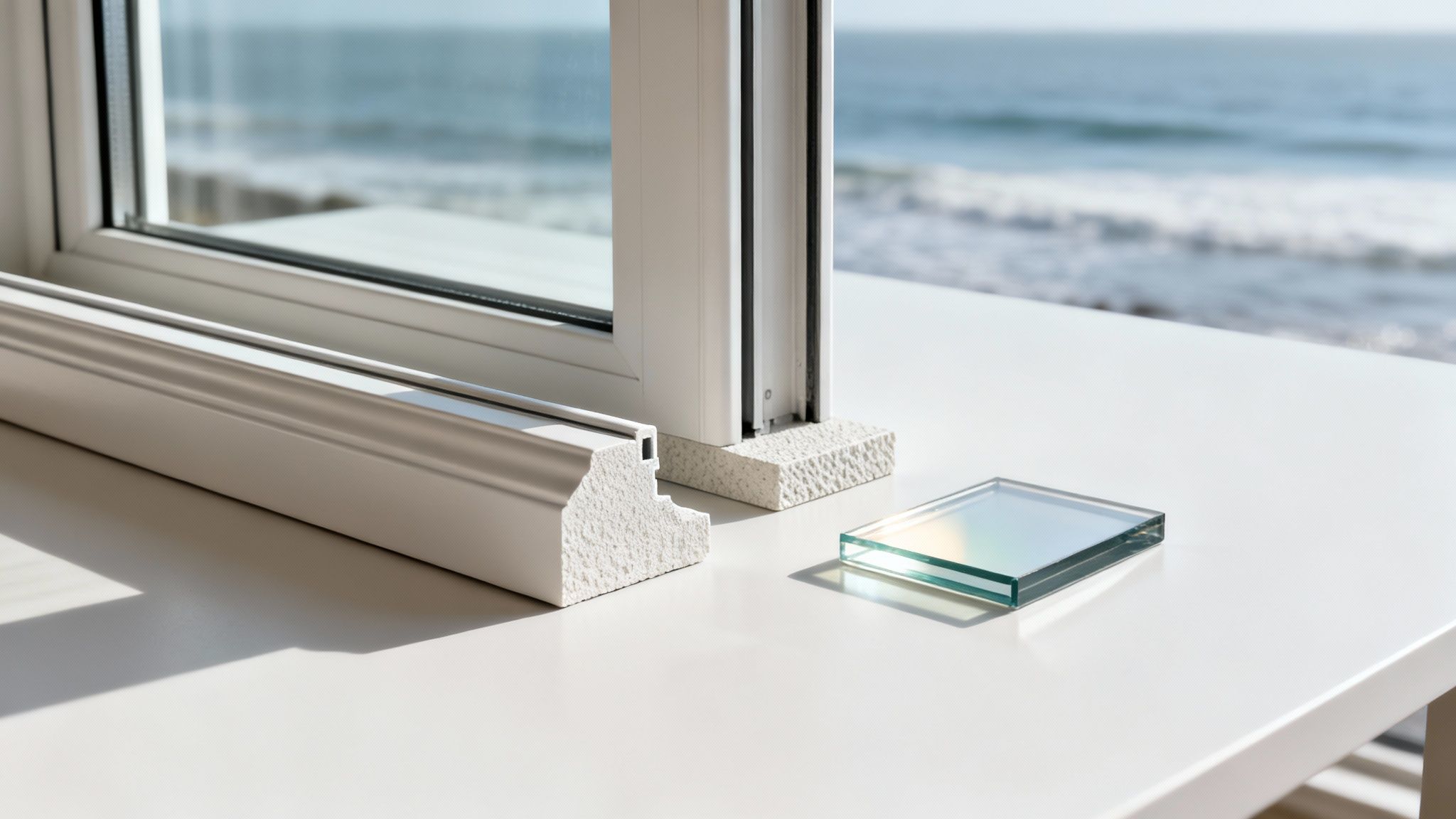Close-up of white window frame, sill, and material samples with an ocean view.