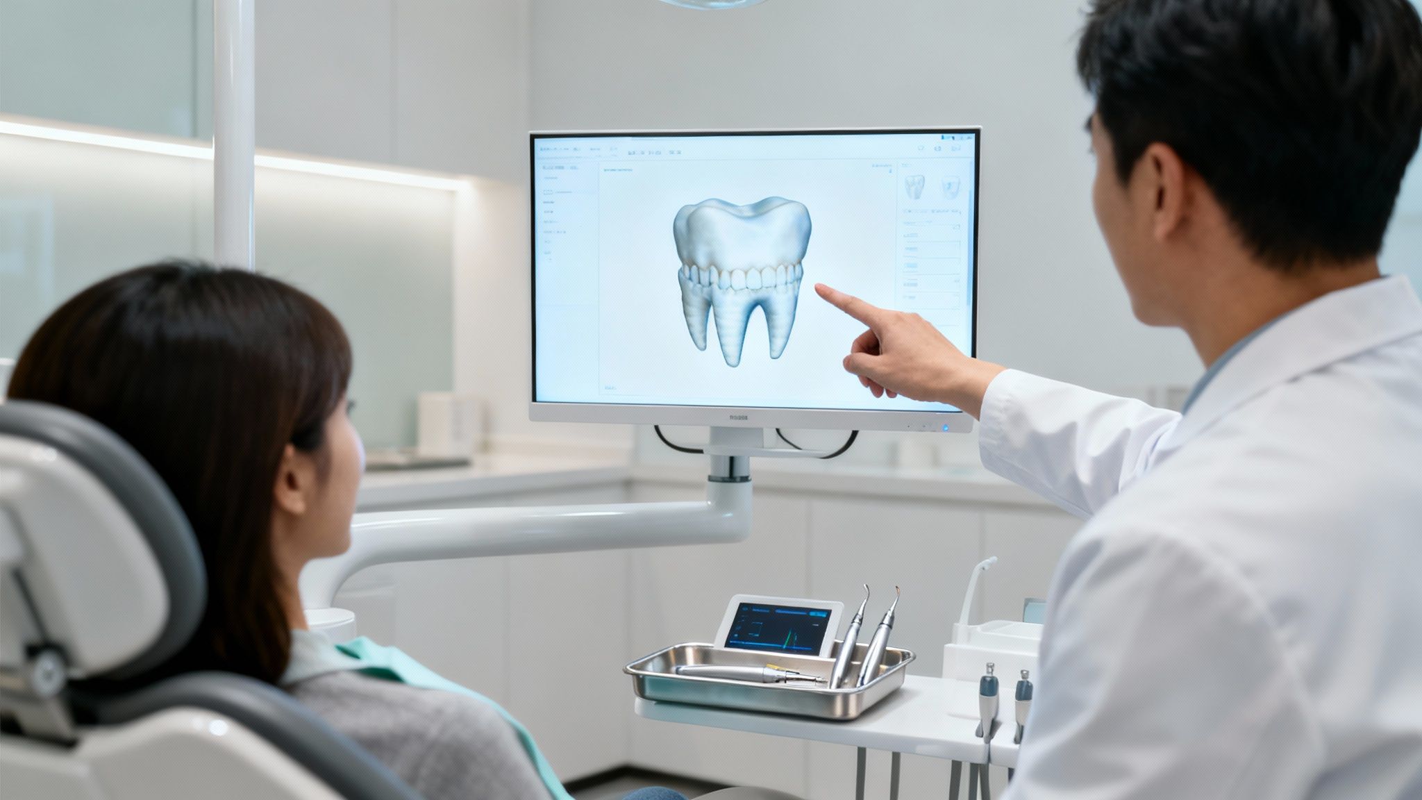 Dentist explains a 3D tooth model on a monitor to a patient in a modern dental clinic.