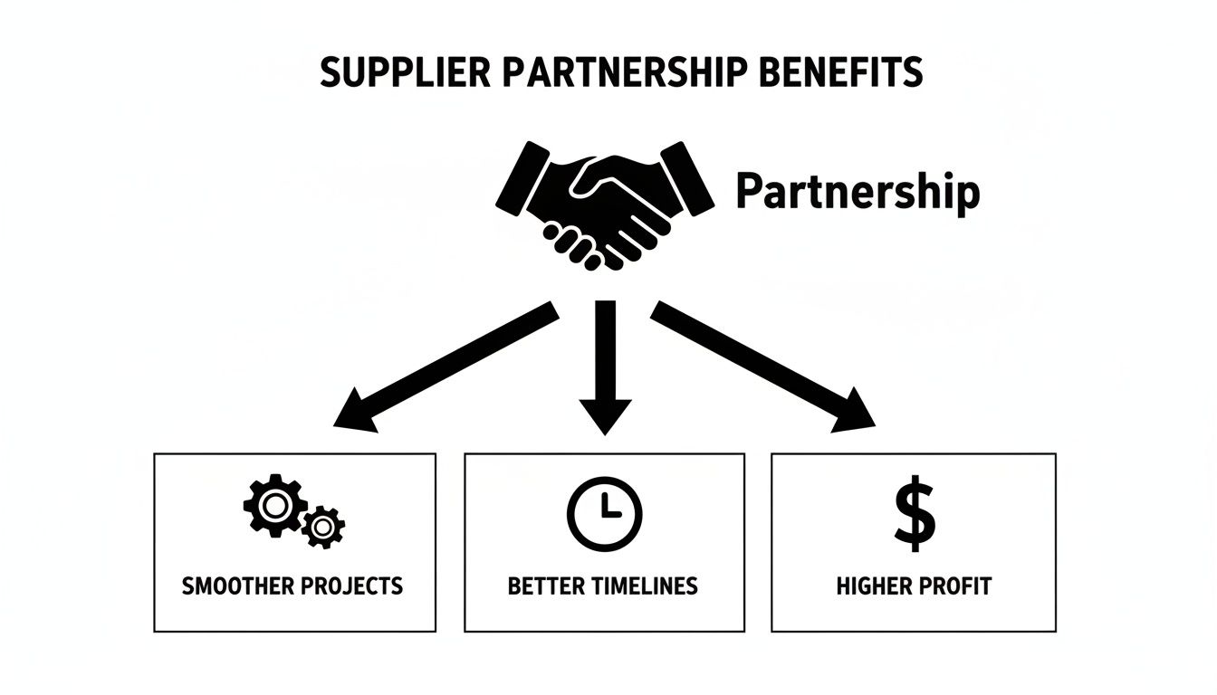 Infographic detailing supplier partnership benefits, including smoother projects, better timelines, and higher profit.