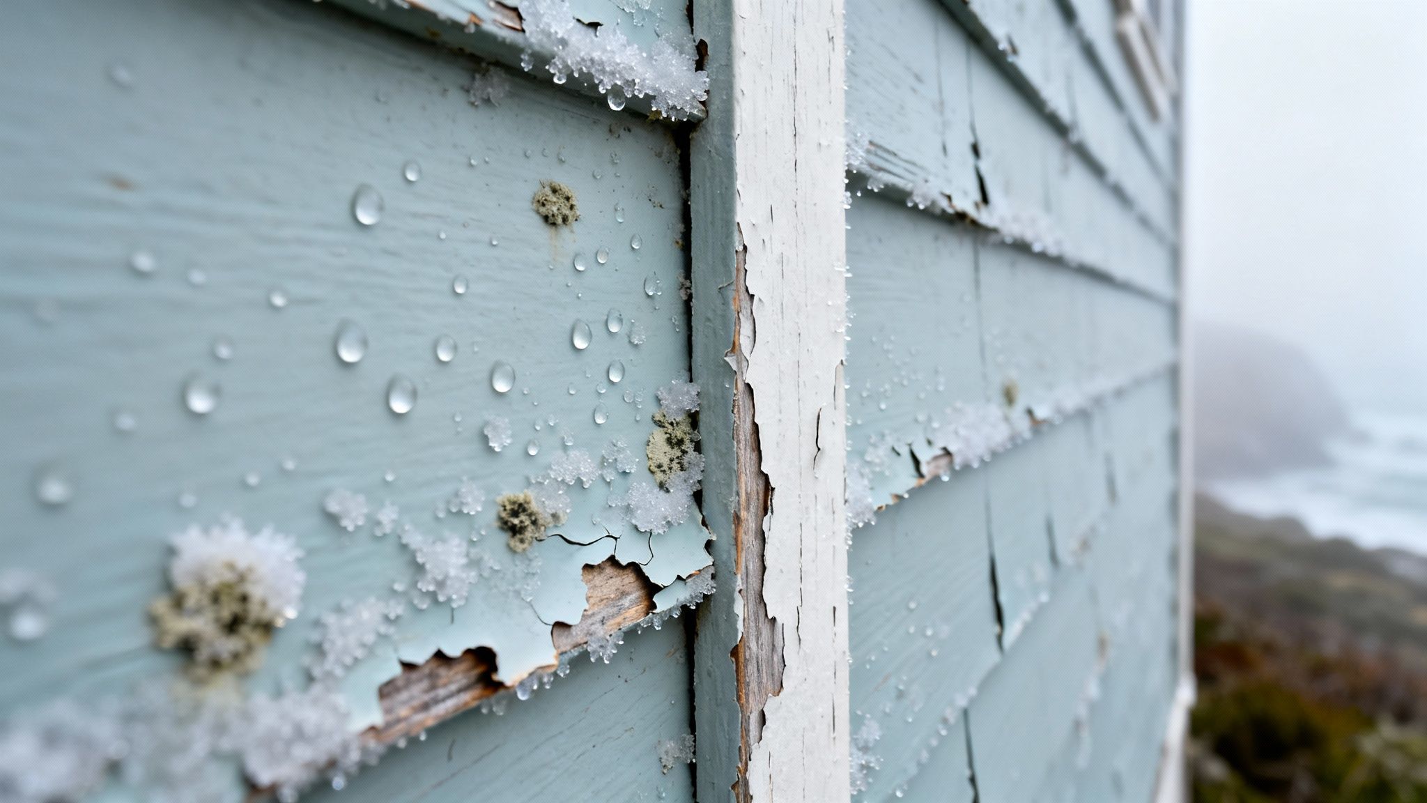 Weathered light blue wooden siding with peeling paint, snow, and water droplets, near a misty coast.
