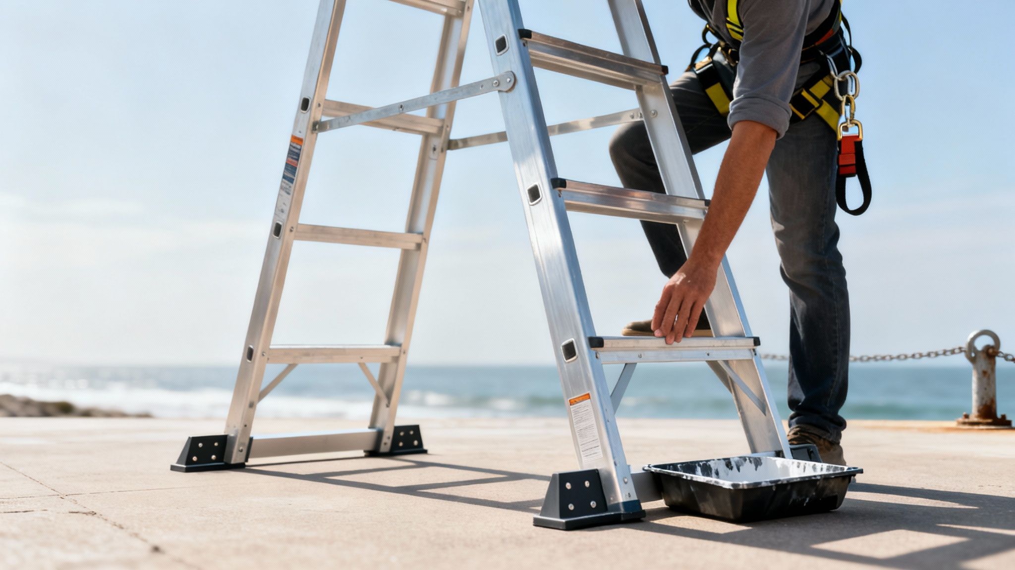 A person wearing a safety harness steps onto a silver ladder by the ocean, next to a paint tray.