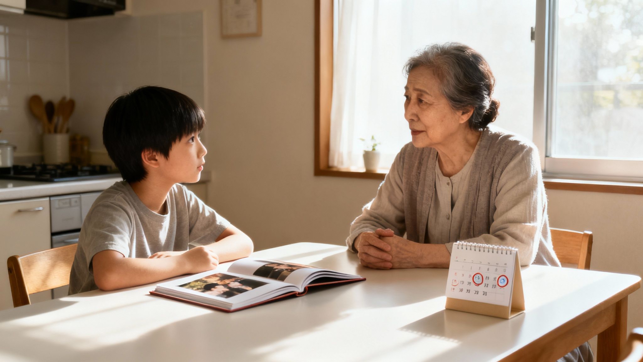 An elderly woman and a young boy talking at a table with a photo album and calendar, bathed in sunlight.