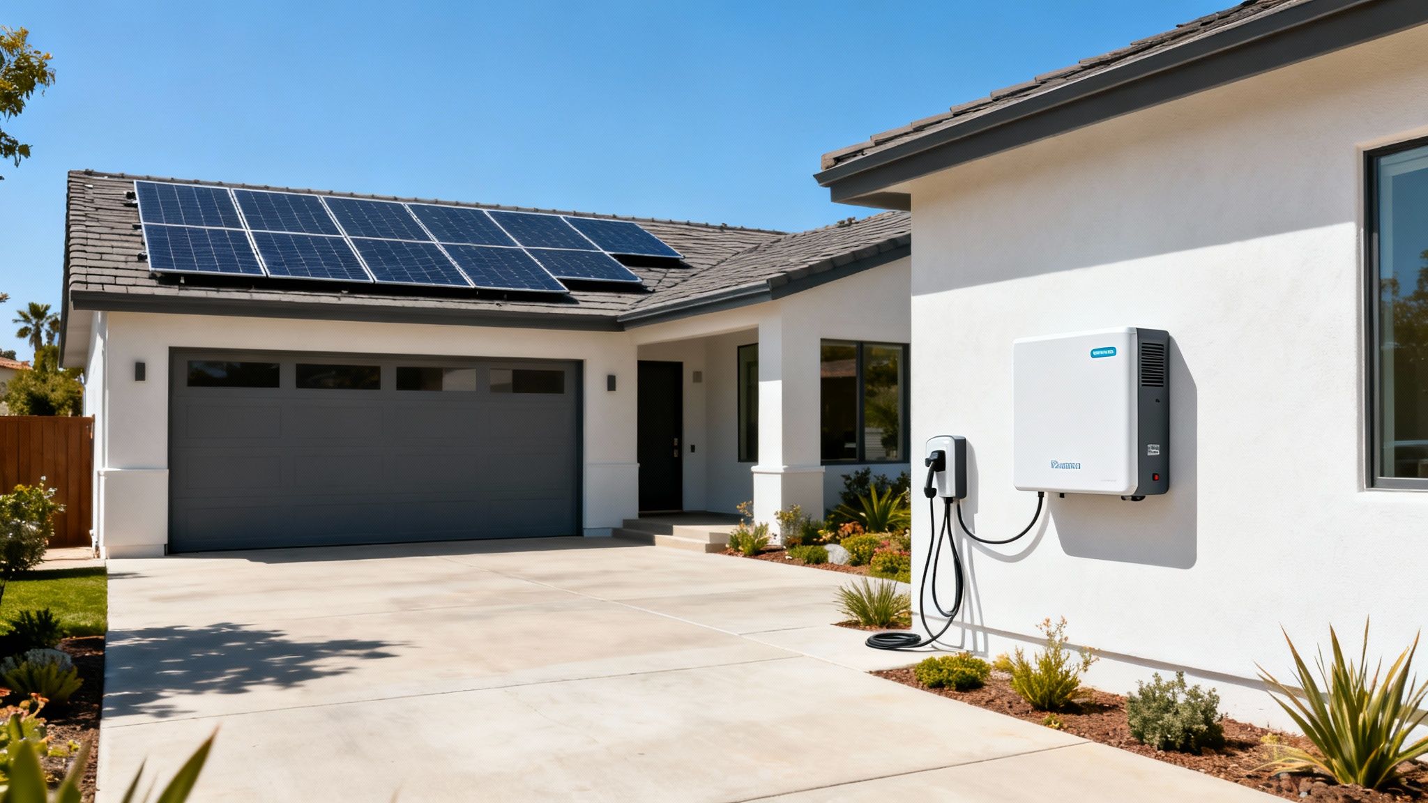 A modern white house with solar panels, an EV charger, and a home battery storage system.
