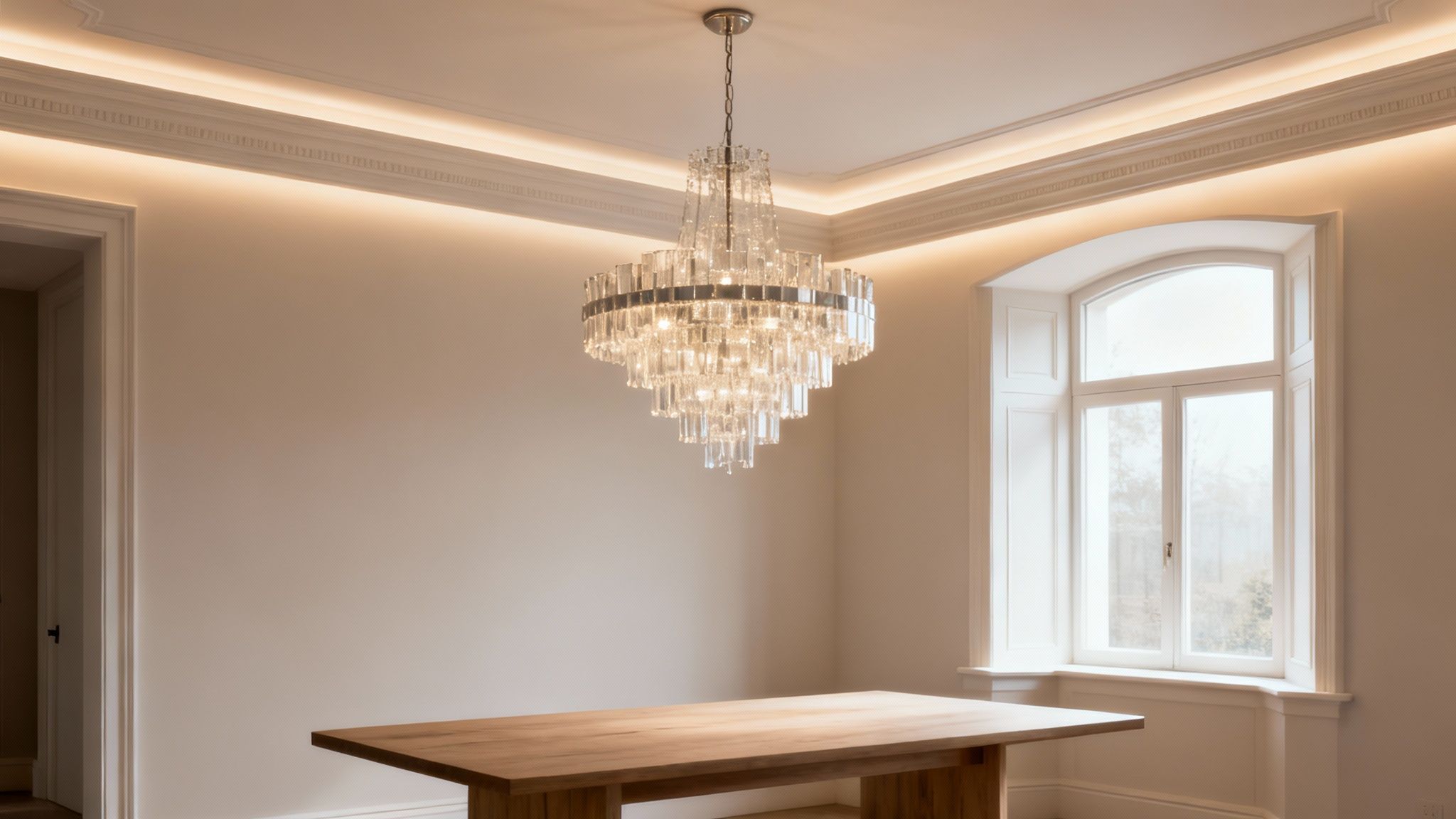 A luxurious room featuring a dazzling crystal chandelier, warm cove lighting, and a modern wooden dining table.