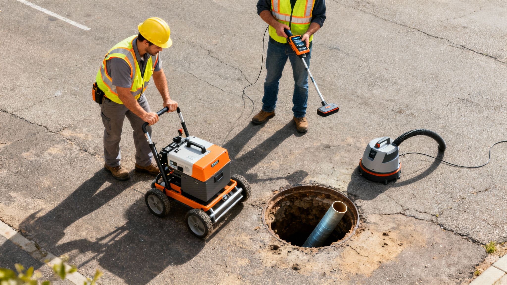 A contractor using a Ground Penetrating Radar (GPR) machine on a job site.