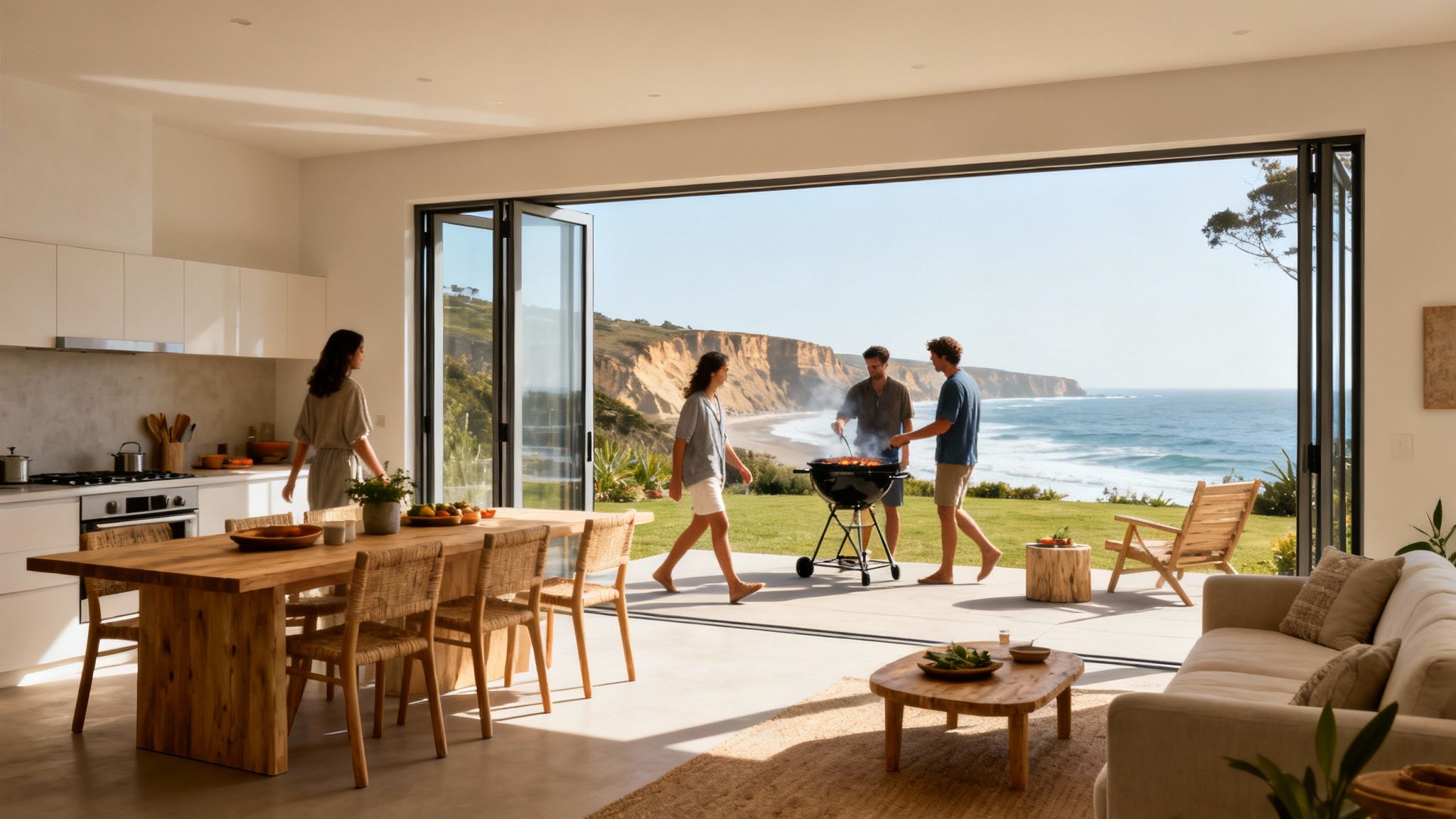 People grilling on a patio overlooking the ocean with cliffs, integrated with a modern kitchen and living room.