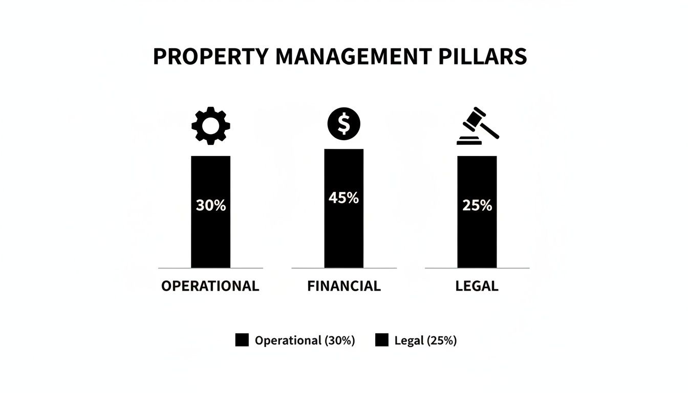 A bar chart illustrating property management pillars: Operational (30%), Financial (45%), and Legal (25%).
