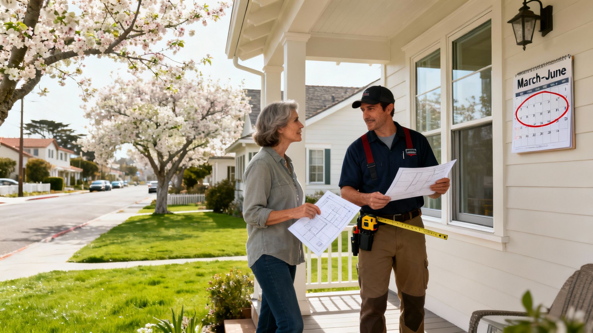 A contractor and homeowner discuss renovation blueprints on a porch surrounded by spring trees.