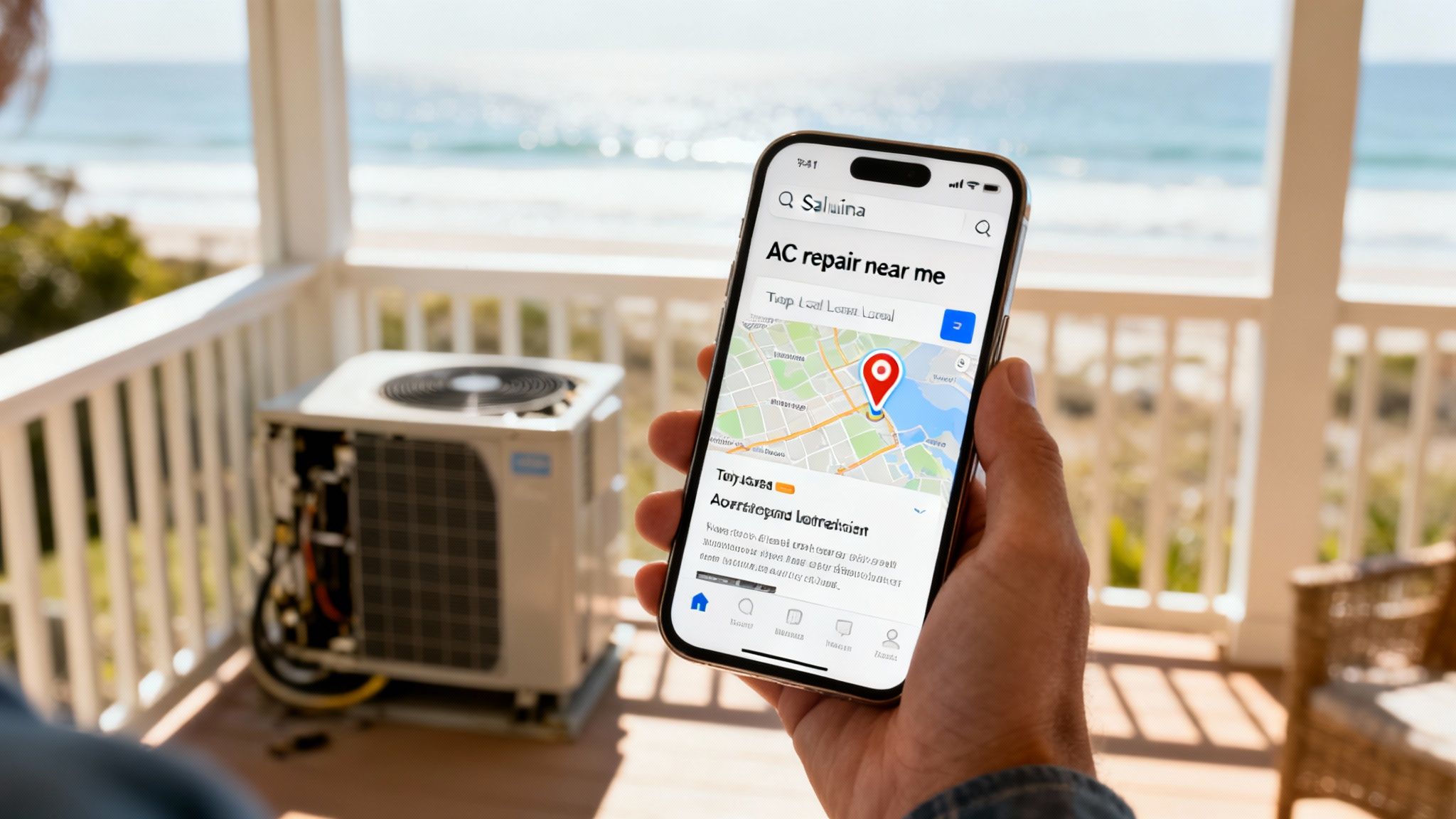 Person holding a smartphone searching 'AC repair near me' with an outdoor AC unit and ocean view.