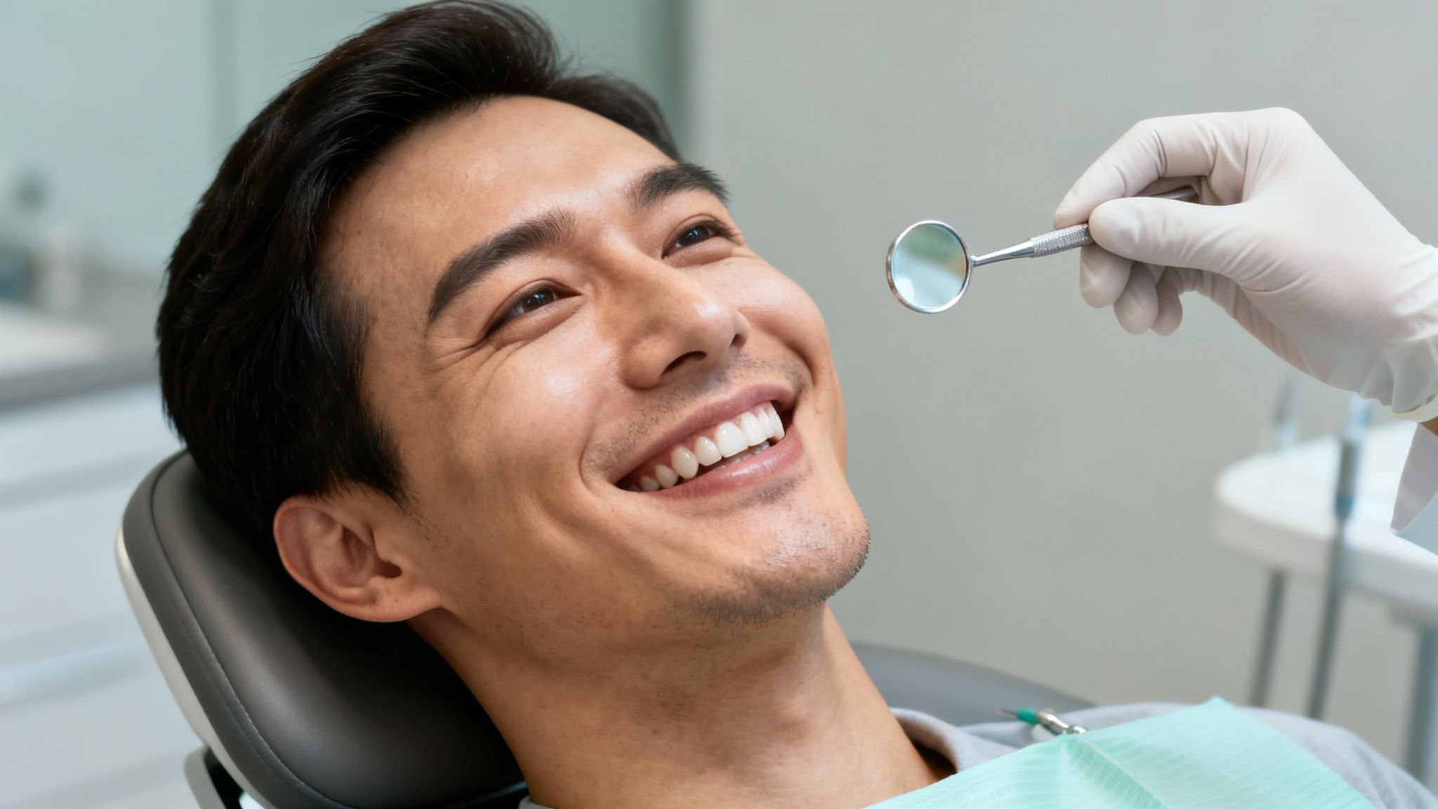 A happy Asian man smiling broadly in a dental chair during a check-up with a dental mirror.
