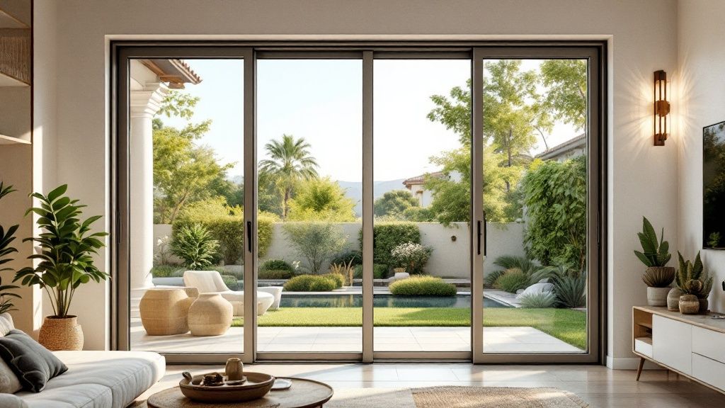 A modern living room with large, energy-efficient sliding glass doors opening to a patio, showcasing clear views and a seamless indoor-outdoor transition.