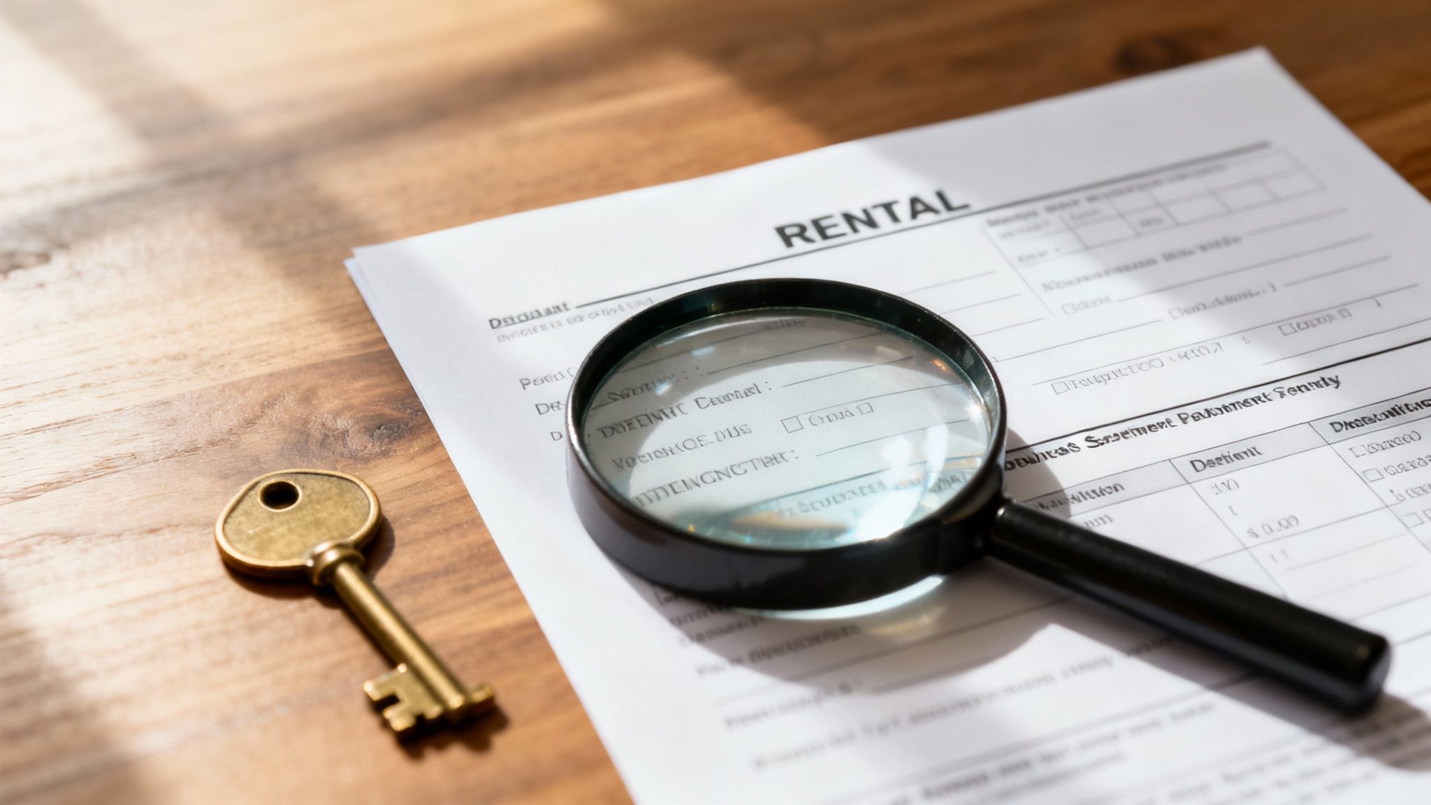 A magnifying glass on a rental agreement document with a key on a wooden table.
