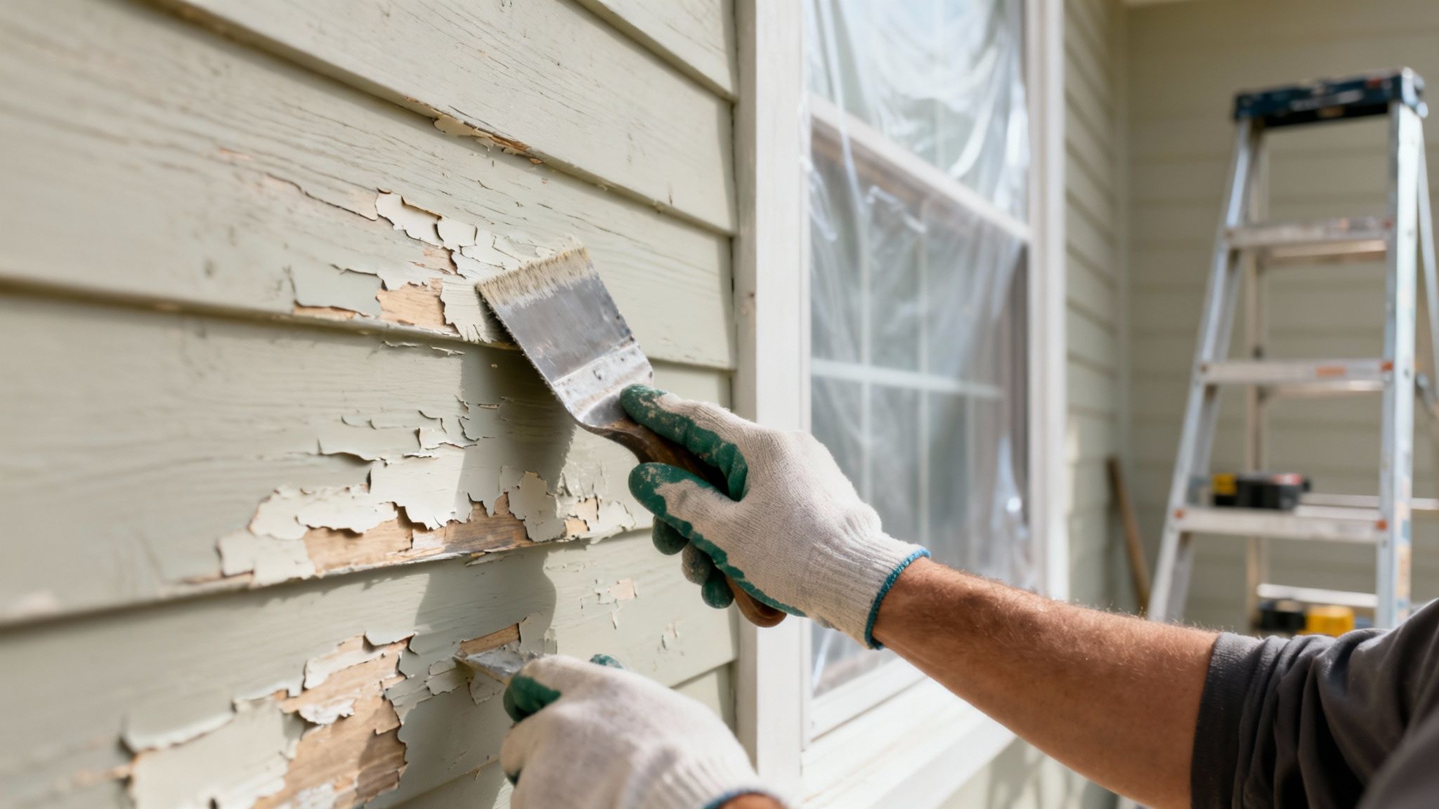 A person wearing gloves scrapes old, peeling paint off a house exterior with a paint scraper.